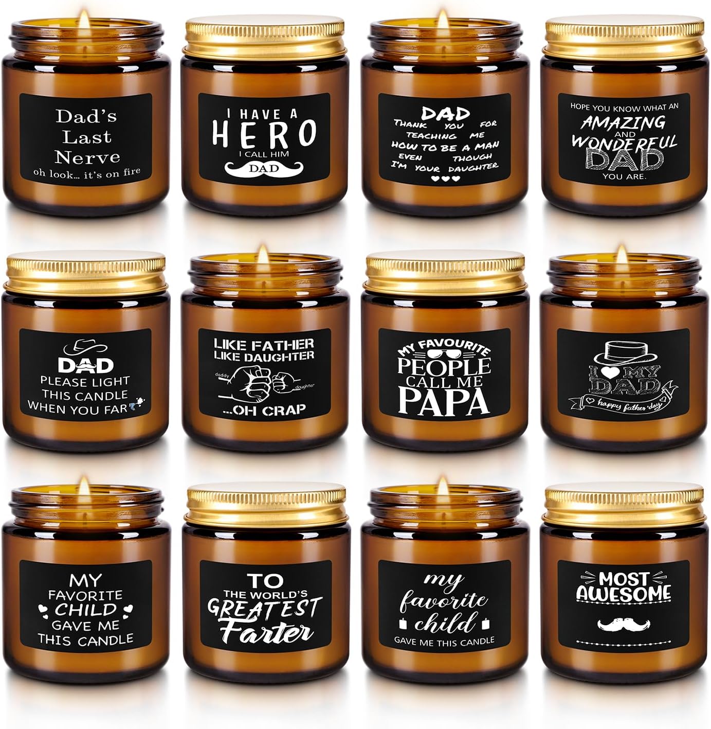 12-Pack Amber Jar Father's Day,Scented Candles, Gift for Dad 3.5oz, Natural Soy Wax and Premium Essential Oils. Ideal for Study Home & Office Aromatherapy.