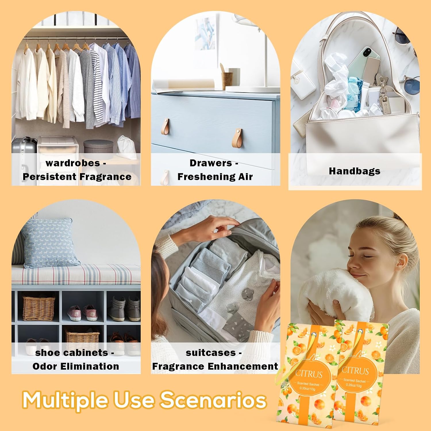 SCENTORINI Scented Sachets for Drawers and Closets, Citrus Scent 14 Pack, Home Fragrance Sachets Bags Wardrobe Freshener for Dresser, Closets, Clothes Storage, Small Space, Suitcases
