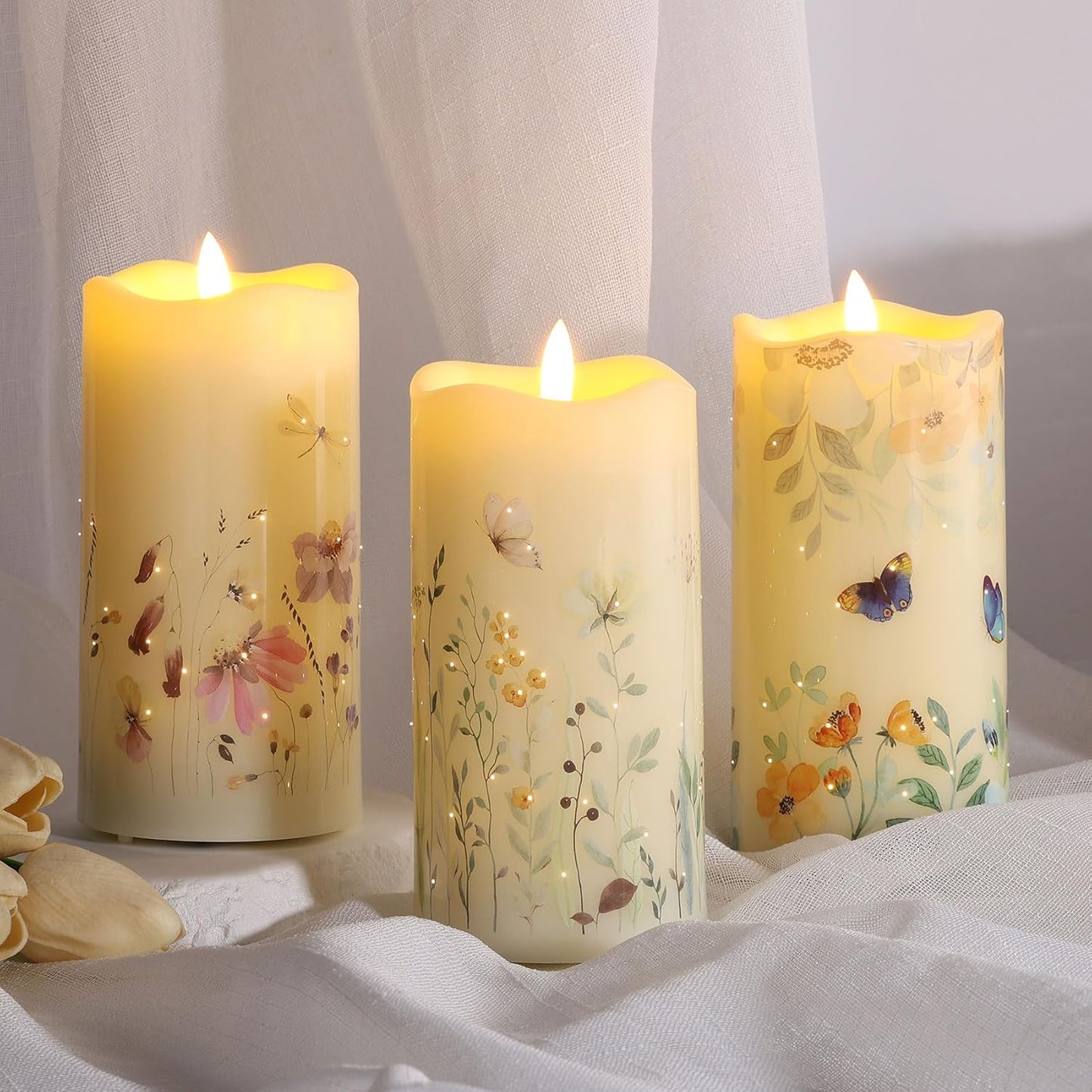 Eywamage Fiber Optic Flameless Pillar Candles with Remote Set of 3, Butterfly Floral Summer LED Candles Home Decor Φ 3" H 6"