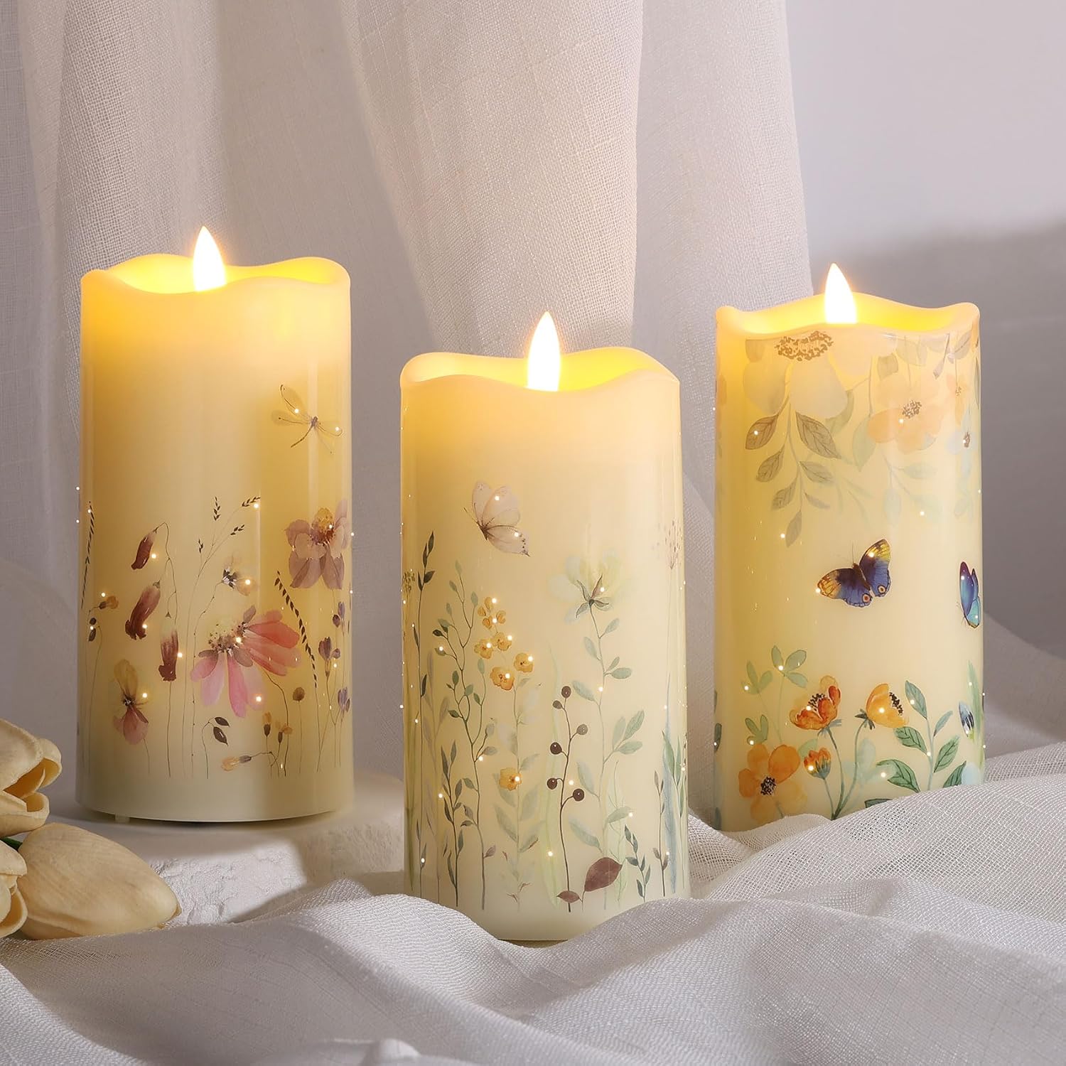 Eywamage Fiber Optic Flameless Pillar Candles with Remote Set of 3, Butterfly Floral Summer LED Candles Home Decor Φ 3" H 6"