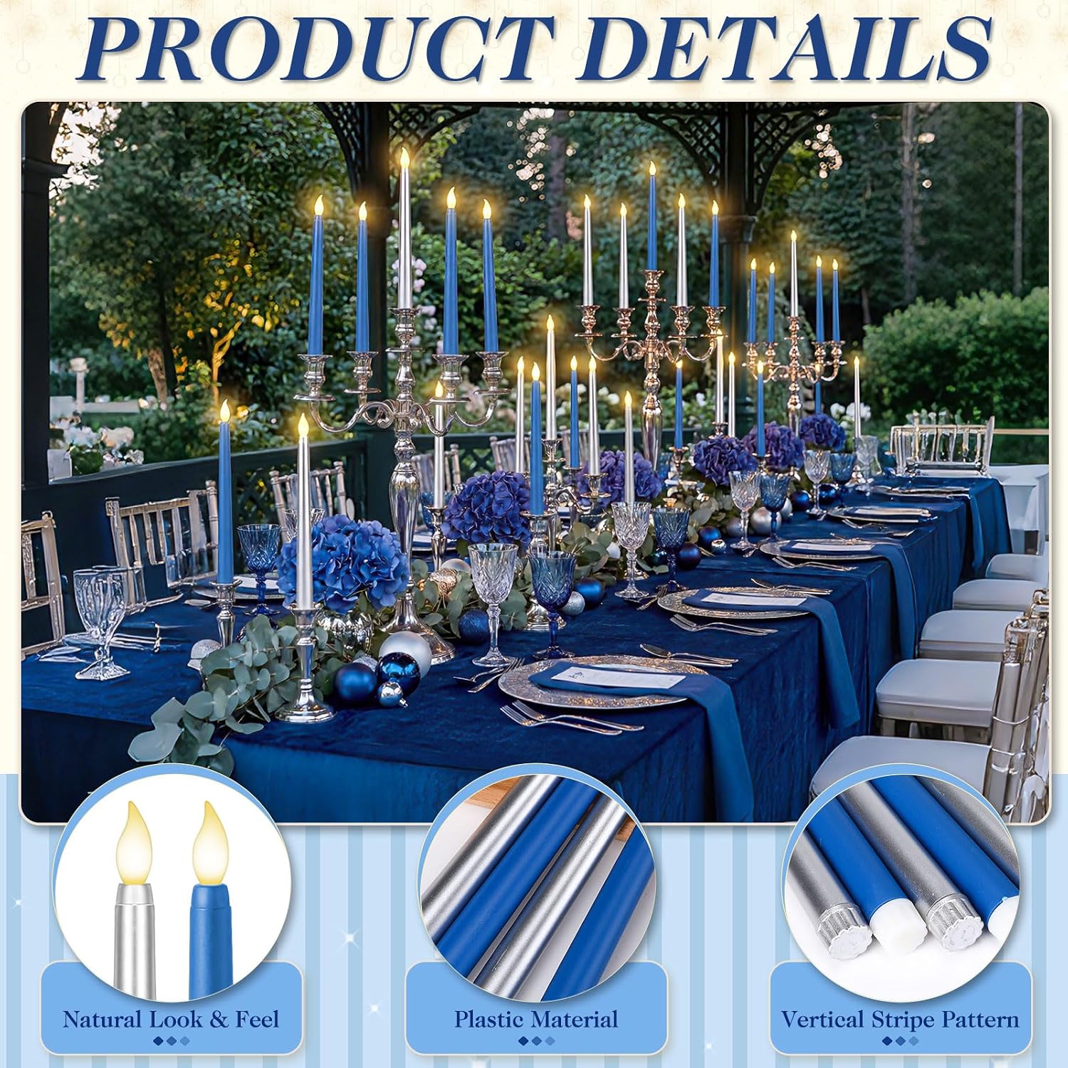 Baquler 6 Pcs 11'' Blue Silver Flameless Taper Candles Battery Operated Candle LED Plastic Flickering Candlesticks for Birthday Wedding Baby Shower Graduation Prom Dinner Home Party Decor