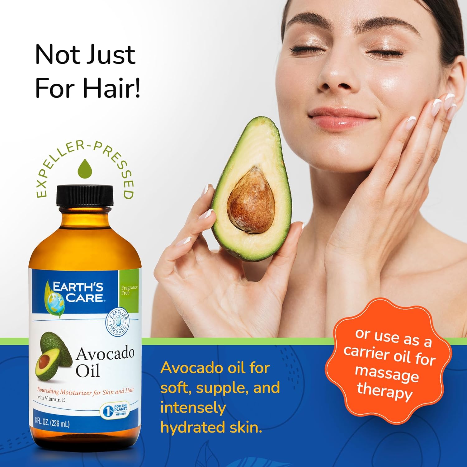 Earth’s Care Avocado Oil - Avocado Oil for Hair and Skin with Vitamin E, Glass Bottle, 8 FL. OZ.