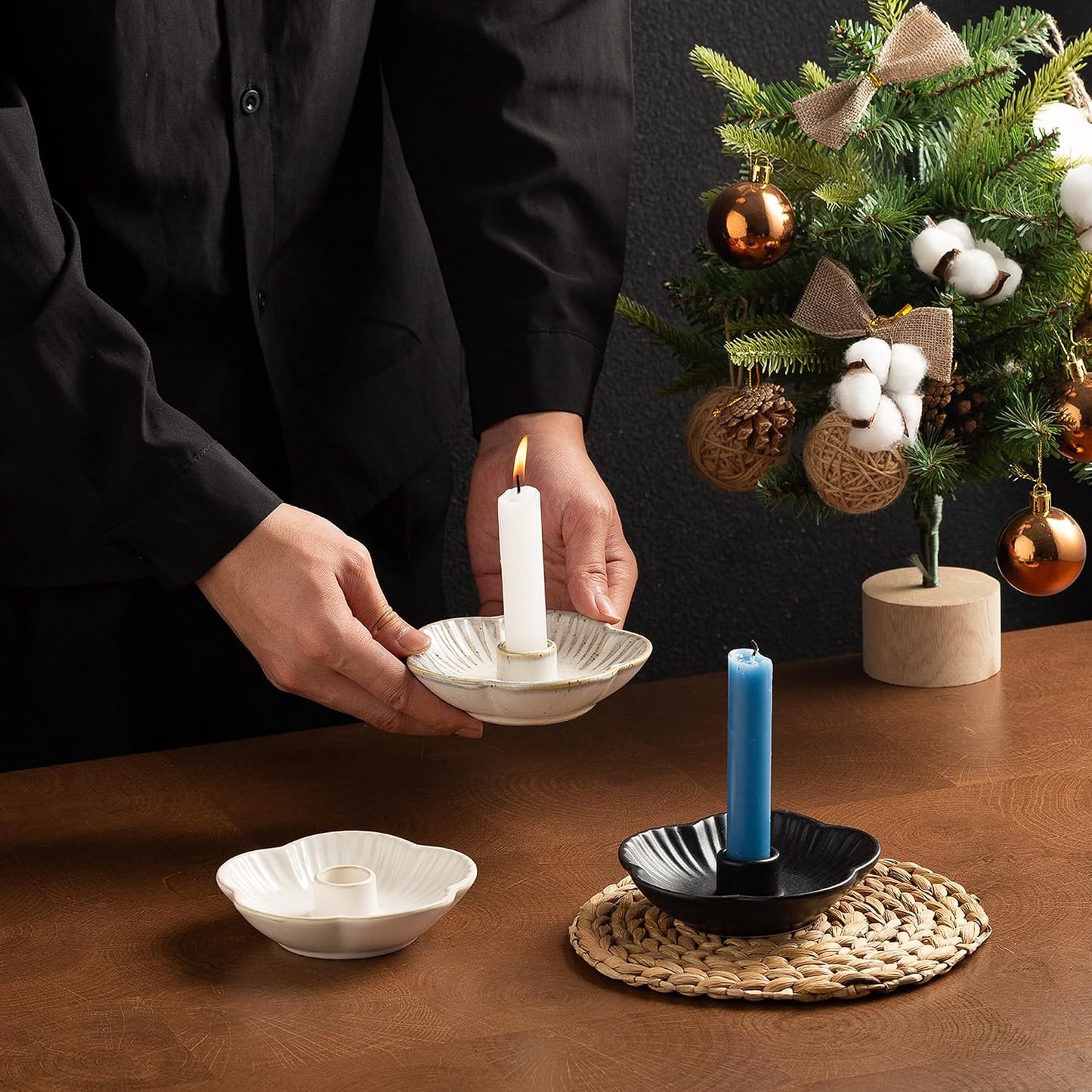 Mecaikru Ceramic Candle Holders Taper Candlestick Holder Flower Plate Tray for Candles, Incense, Santo Palo, Christmas Wedding Anniversary Party Home Decor (impure White)