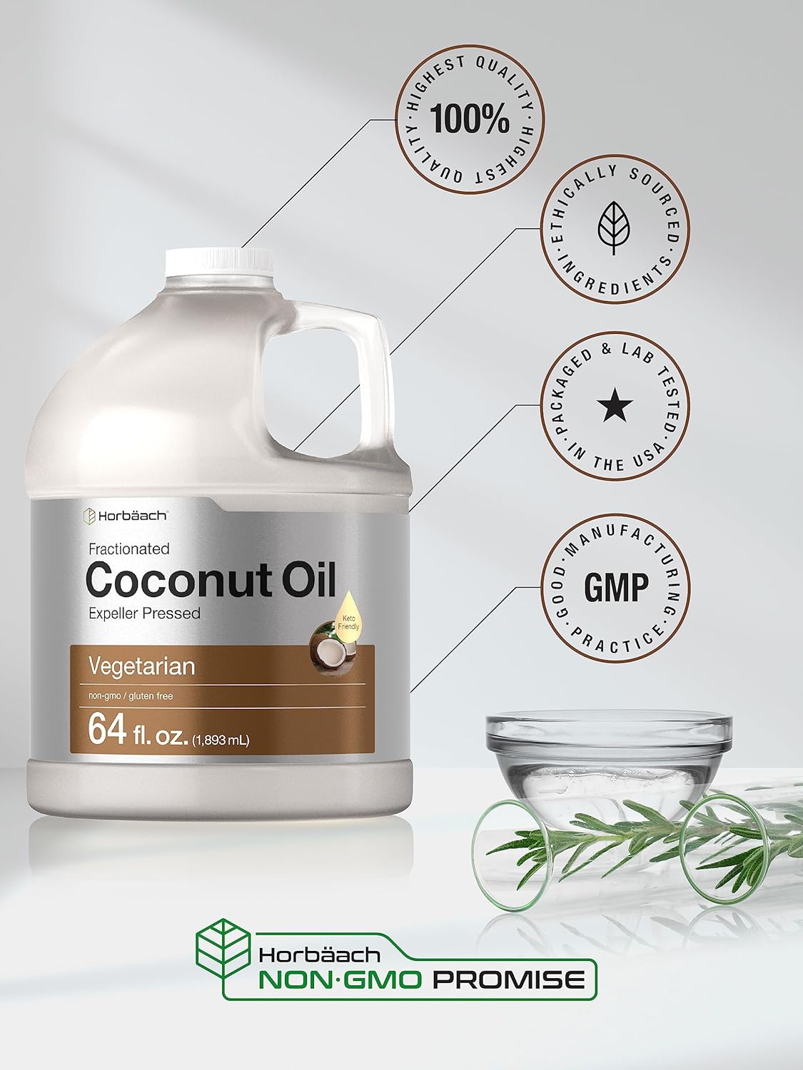 Horbäach Coconut Oil for Cooking | Liquid | 64 oz | Fractionated & Unflavored | Keto Friendly | Vegetarian, Non-GMO & Gluten Free