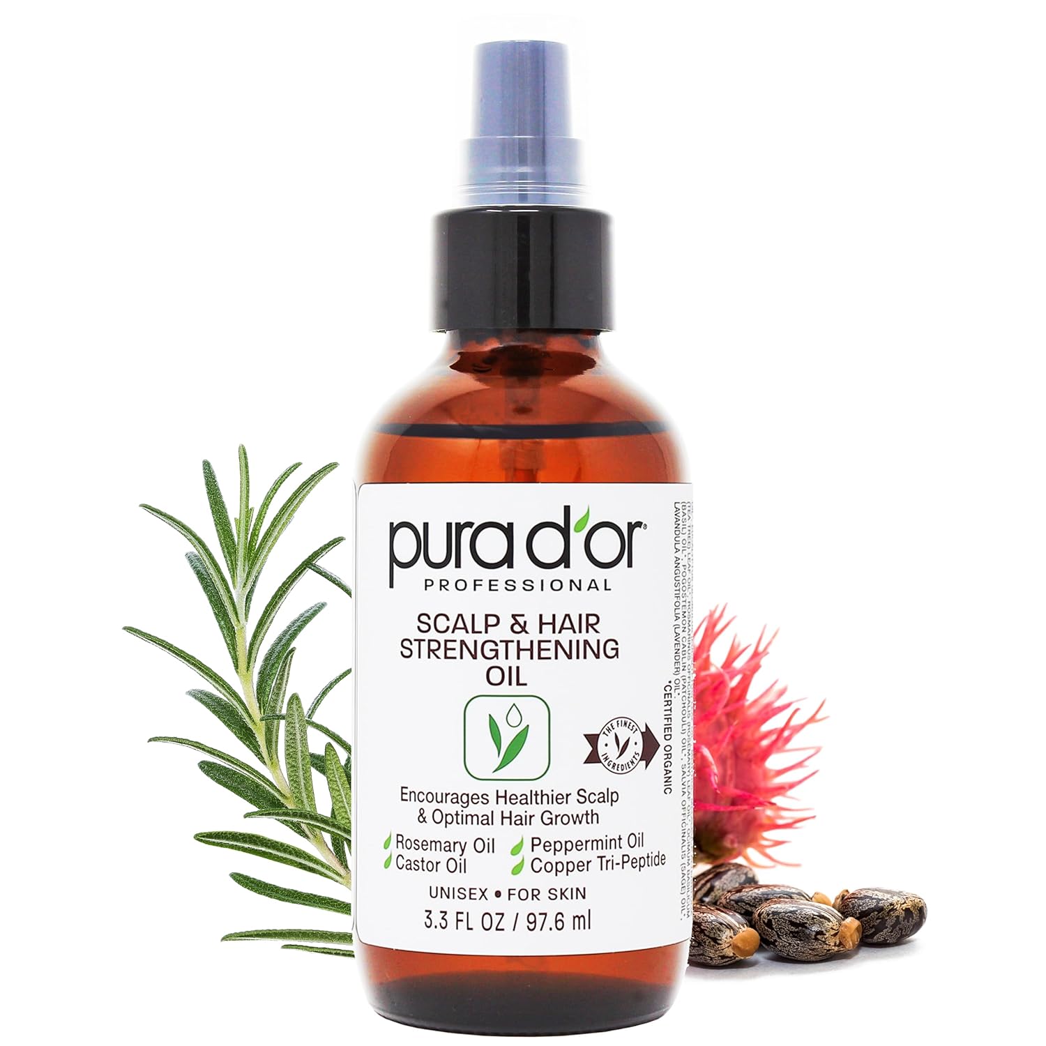 PURA D'OR Scalp & Hair Strengthening Oil (3.3 Oz) Supports Optimal Growth, Reduce Breakage, Nourish Roots for Healthier, Fuller, Thicker Hair - Rosemary, Castor & Peppermint Oil: Ayurvedic Hair Care