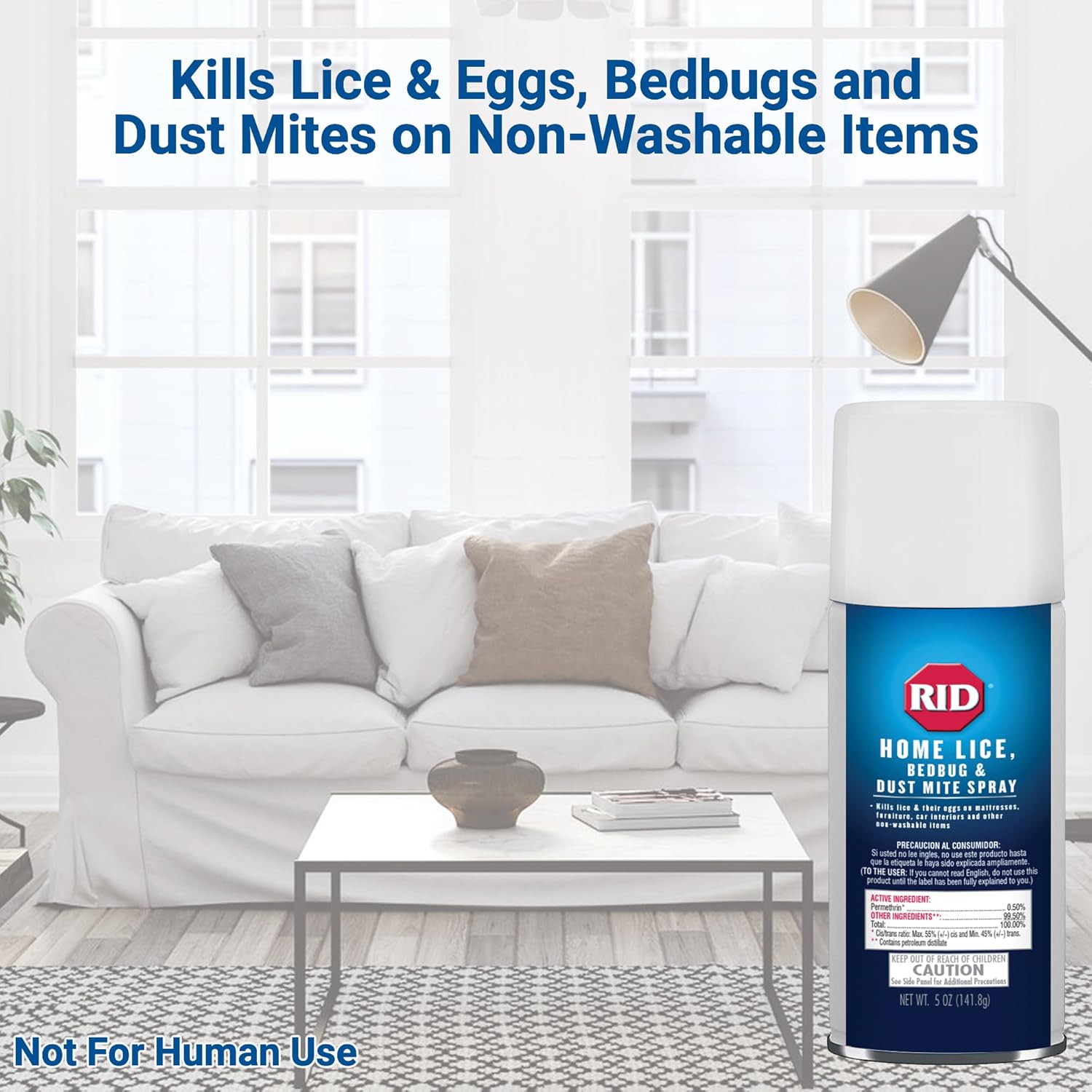 Rid Home Lice Bed Bug Dust Mite Spray Home Treatment Spray with Permethrin Kills Lice and Lice Eggs on Mattresses Furniture Car Interiors and Other Nonwashable Items Spray Can, 5 Ounce
