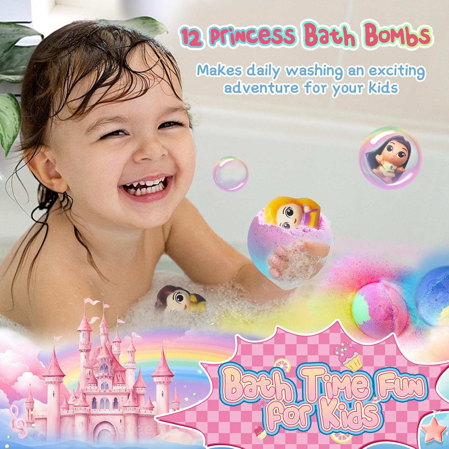 Bath Bombs for Kids: 12 Pcs Princess Bath Bombs with Toys Inside, Kids Bath Bomb Rich in Natural Essential Oils, Organic Bath Bomb Gift Set for Dry Skin Moisturize, Summer Party Favors for Girls