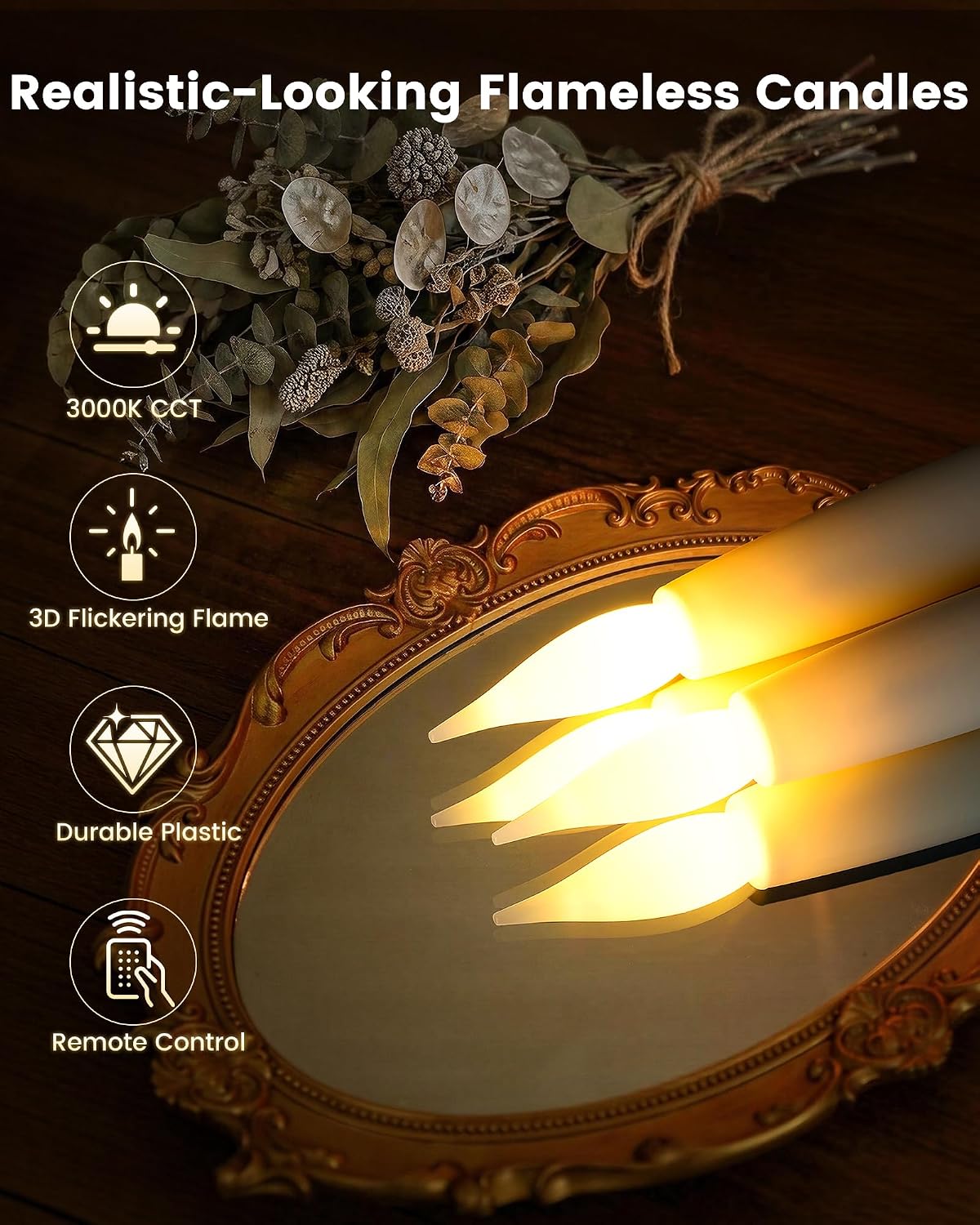 Flameless Taper Candles with Remote, 10.5" x 0.78" Battery Operated Plastic LED Candlesticks, 3000K Warm White, 3D Flickering Flame for Wedding, Christmas, Halloween Decor, 6 Pack, Ivory