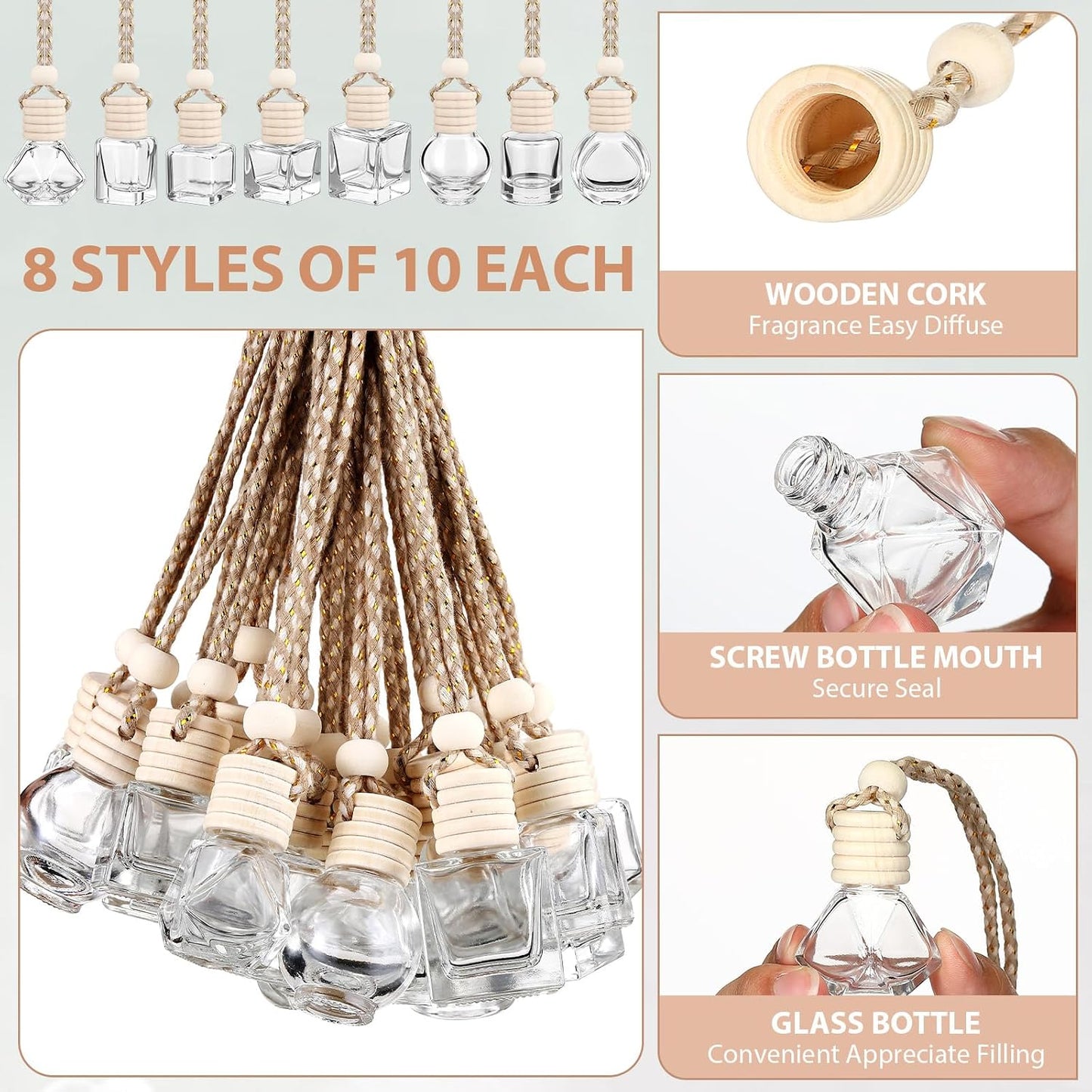 Dandat 80 Pcs 8 ml Car Diffuser Bottle with Wooden Caps Inner Stopper Lanyard Empty Glass Hanging Car Air Freshener Diffuser Bulk for Essential Oil Fragrance Pendants Perfume Gift DIY 8 Assorted Style