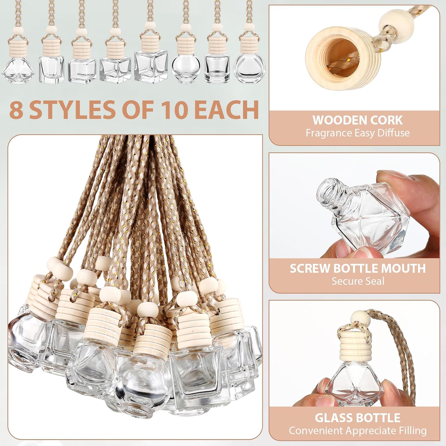 Dandat 80 Pcs 8 ml Car Diffuser Bottle with Wooden Caps Inner Stopper Lanyard Empty Glass Hanging Car Air Freshener Diffuser Bulk for Essential Oil Fragrance Pendants Perfume Gift DIY 8 Assorted Style