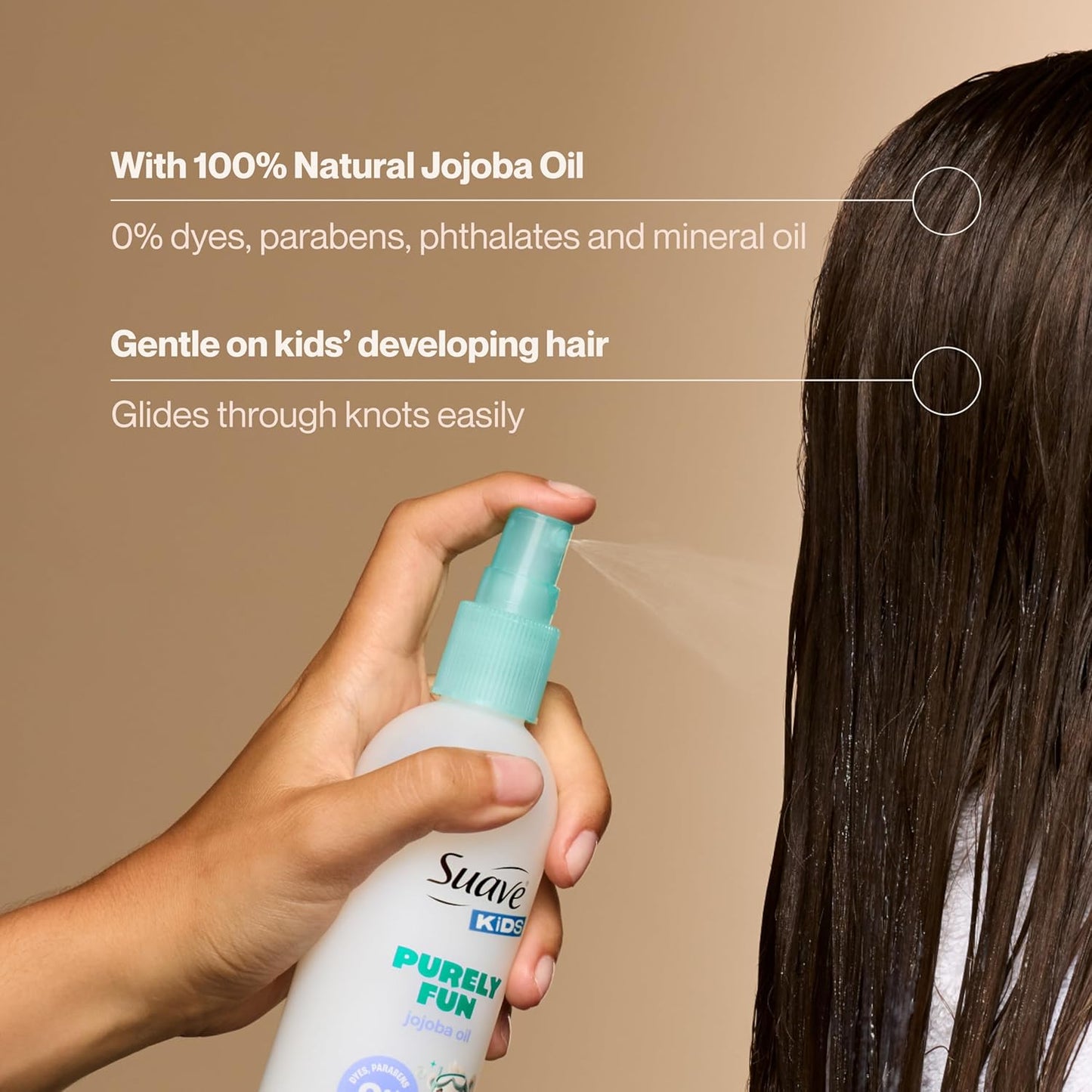 Suave Kids Purely Fun Jojoba Oil Conditioning Detanger Spray, with 100% natural Jojoba Oil, 0% dyes, parabens, phthalates, and mineral oil, Tear Free 10 oz