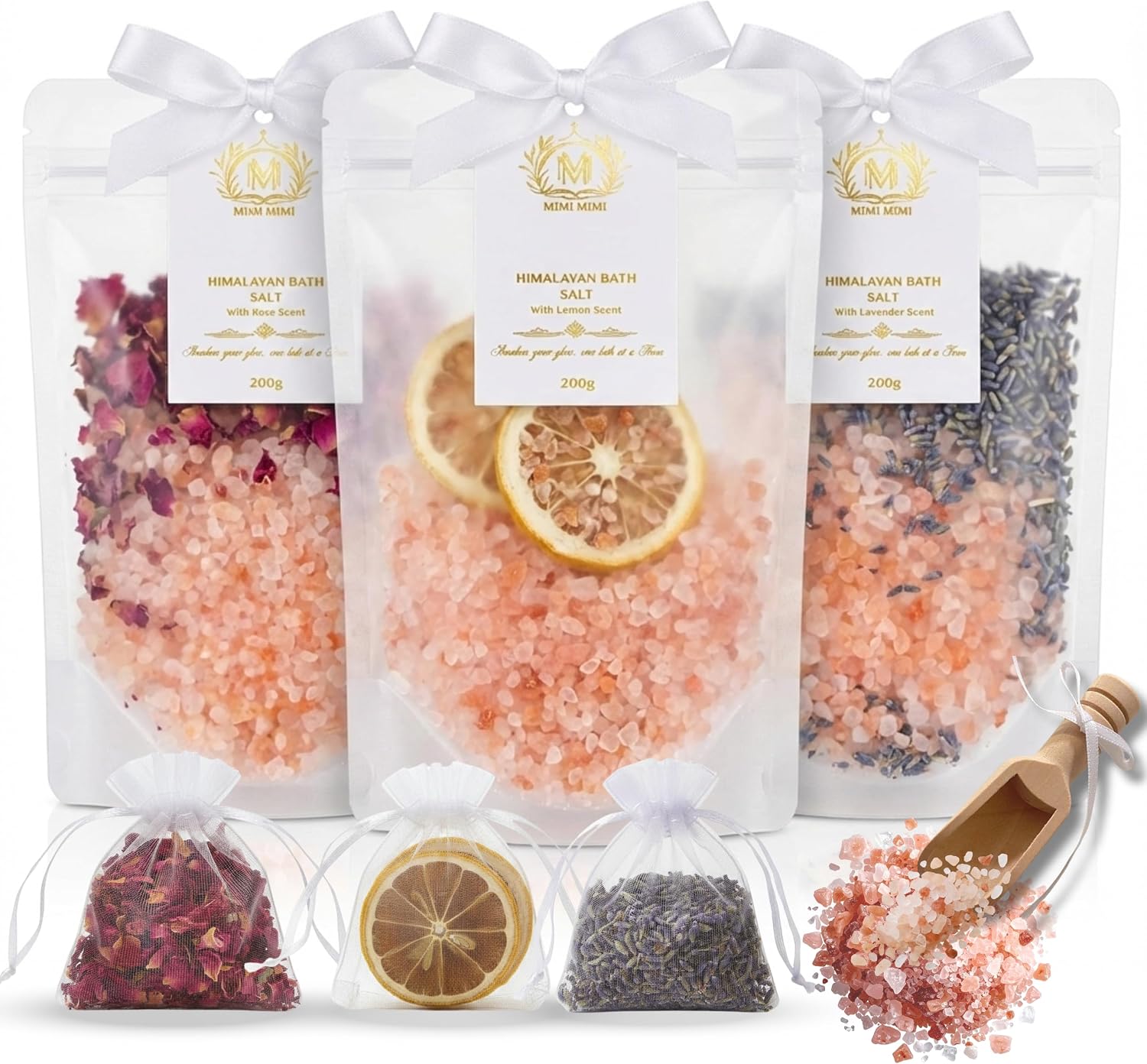MIMI MIMI Pink Himalayan Bath Salt Gift Set with Rose, Lemon and Lavender - 3 x 200g Bath Salts for Women Relaxing, Natural Aromatherapy Gifts for her, Mineral Bath Soaks, Spa Body Care, Foot Soak.