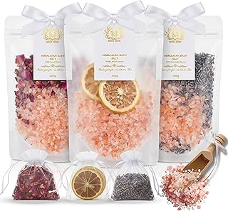 MIMI MIMI Pink Himalayan Bath Salt Gift Set with Rose, Lemon and Lavender - 3 x 200g Bath Salts for Women Relaxing, Natural Aromatherapy Gifts for her, Mineral Bath Soaks, Spa Body Care, Foot Soak.