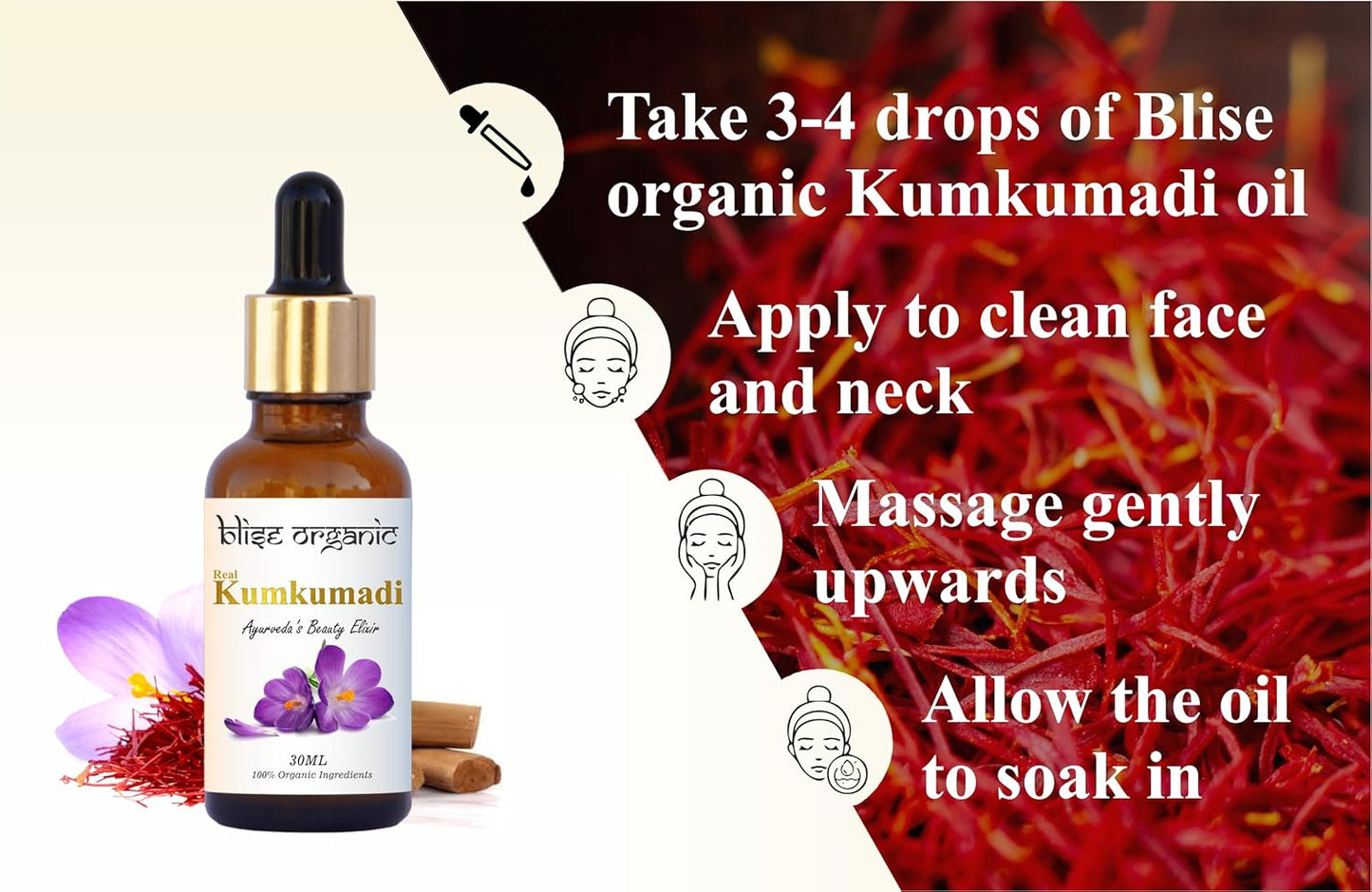 Blise organic Real Kumkumadi oil - 100% Pure and Natural, Chemical Free, Serum Face Oil, Made with Potent and Rare 30 wild Herbs, Enriched with Saffron and sandalwood and, Non GMO