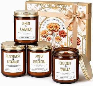 Wood Wick Candles Gift Set, 4 Pack 28 oz Scented Soy Candles, Crackling Wooden Wicks, Amber Glass Jars for Home, Birthday and Housewarming Gifts for Women and Men