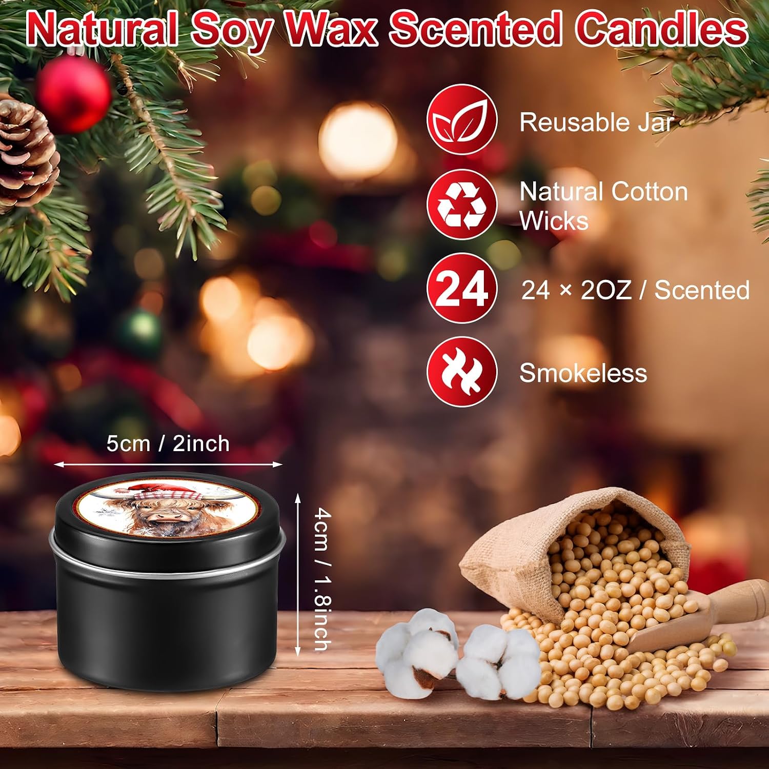 Nuanchu 24 Pack Christmas Scented Candles Gift Set Highland Cattle Candle for Her Him 2oz Natural Soy Wax Jar Long Lasting Aromatherapy Bulk Favors Set for Christmas Party Home Decor