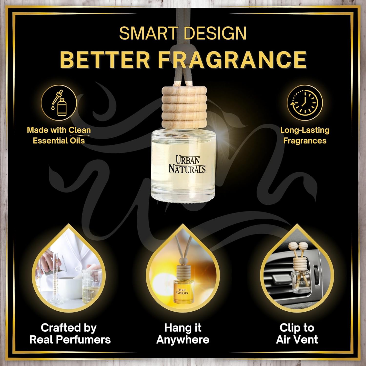 Urban Naturals Car Air Freshener Diffuser 1 Pack - Citrus Bliss Scent, 45+ Days Long Lasting Fragrance, Made in USA, Glass & Wood, Hanging Design + Vent Cip, Easy to Use
