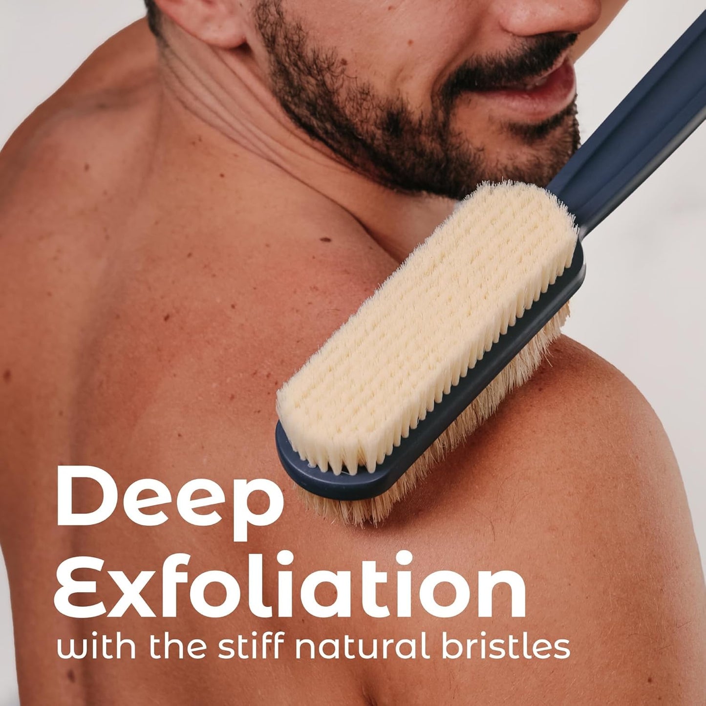 MainBasics Back Scrubber for Shower, Long Handle Body Brush, 15.75 Inch | Dual-Sided Exfoliating and Soft Bristles