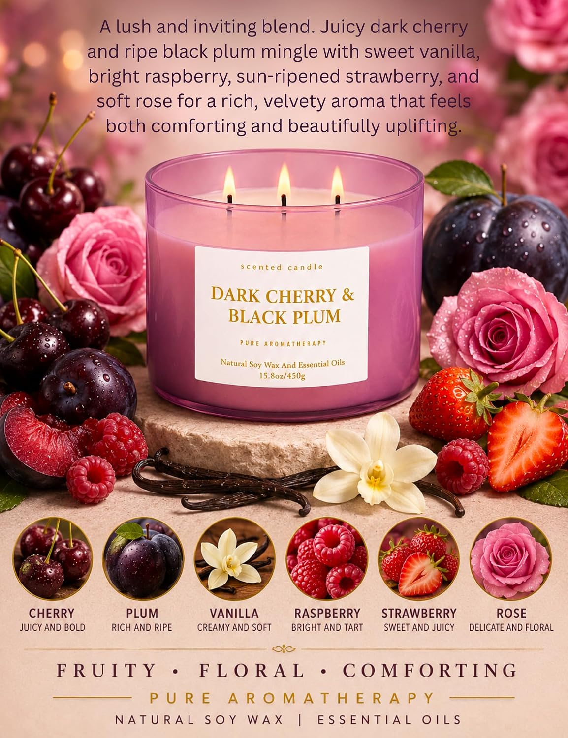 Dark Cherry Black Plum 3-Wick Soy Candle, 15.8 oz Scented Candle for Home | Black Cherry, Plum & Vanilla Notes, Aromatherapy, Highly Scented, Clean Burn, Summer & Fall candle, Gift for Women & Men