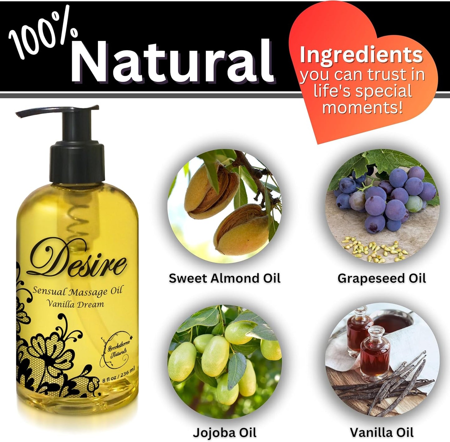 Desire Sensual Massage Oil for Date Night | Perfect for Couples | Hydrating Vanilla Body Oil | All Natural with Sweet Almond, Grapeseed & Jojoba for Smooth Glide 8oz