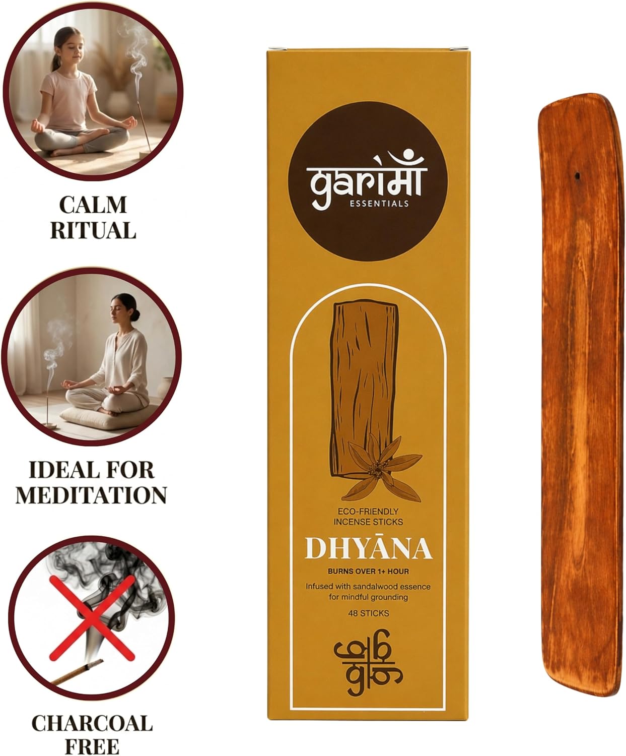 Premium Dhyana Sandalwood Natural Incense Sticks - Long Lasting Charcoal Free Incense, Meditation, Yoga, Relaxation, Outdoor Fragrance Pack of 48 Sticks with Free Wooden Stand