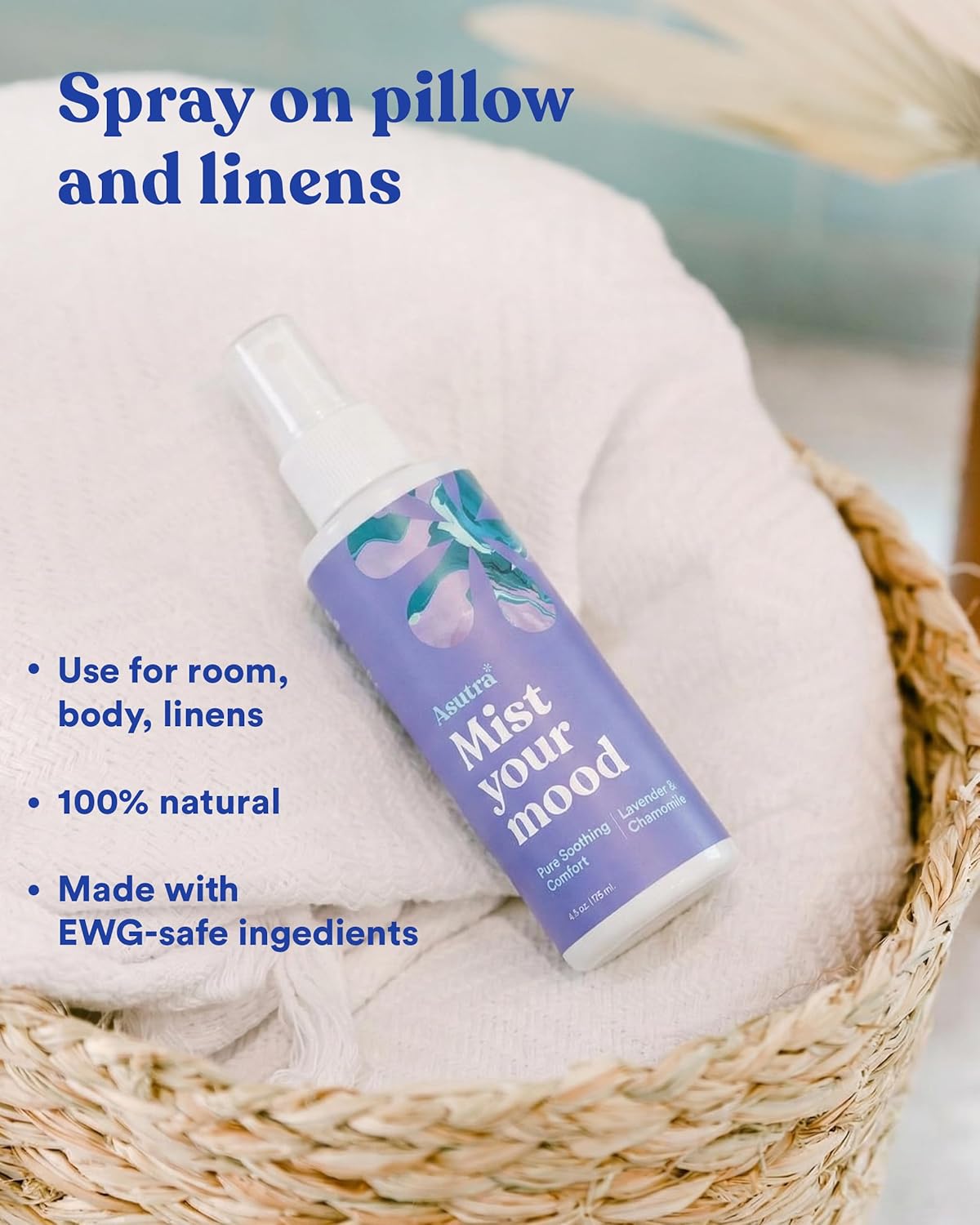 Asutra Lavender & Chamomile Multi-Use Natural Aromatherapy Room Spray, Calming Linen & Pillow Mist, Fabric Spray for Sleep & Bed, 4 fl oz