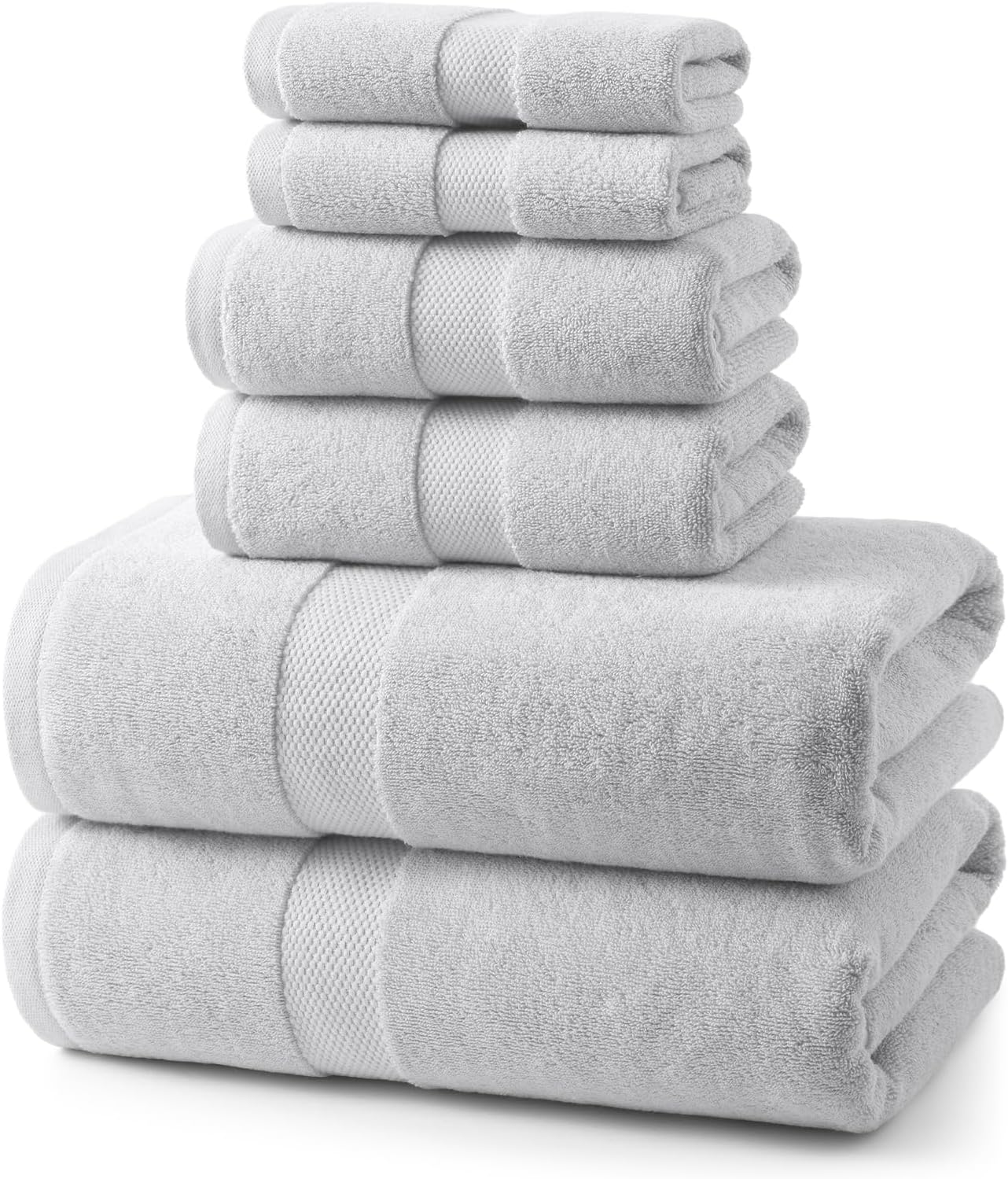 ecolook 6-Piece Bath Towel Set, 100% Cotton, Ultra Soft & Quick Dry | 2 Bath Towels 28x55 Inch, 2 Hand Towels, 2 Washcloths, Lightweight Highly Absorbent Towels for Bathroom, Spa, Gym, Light Gray