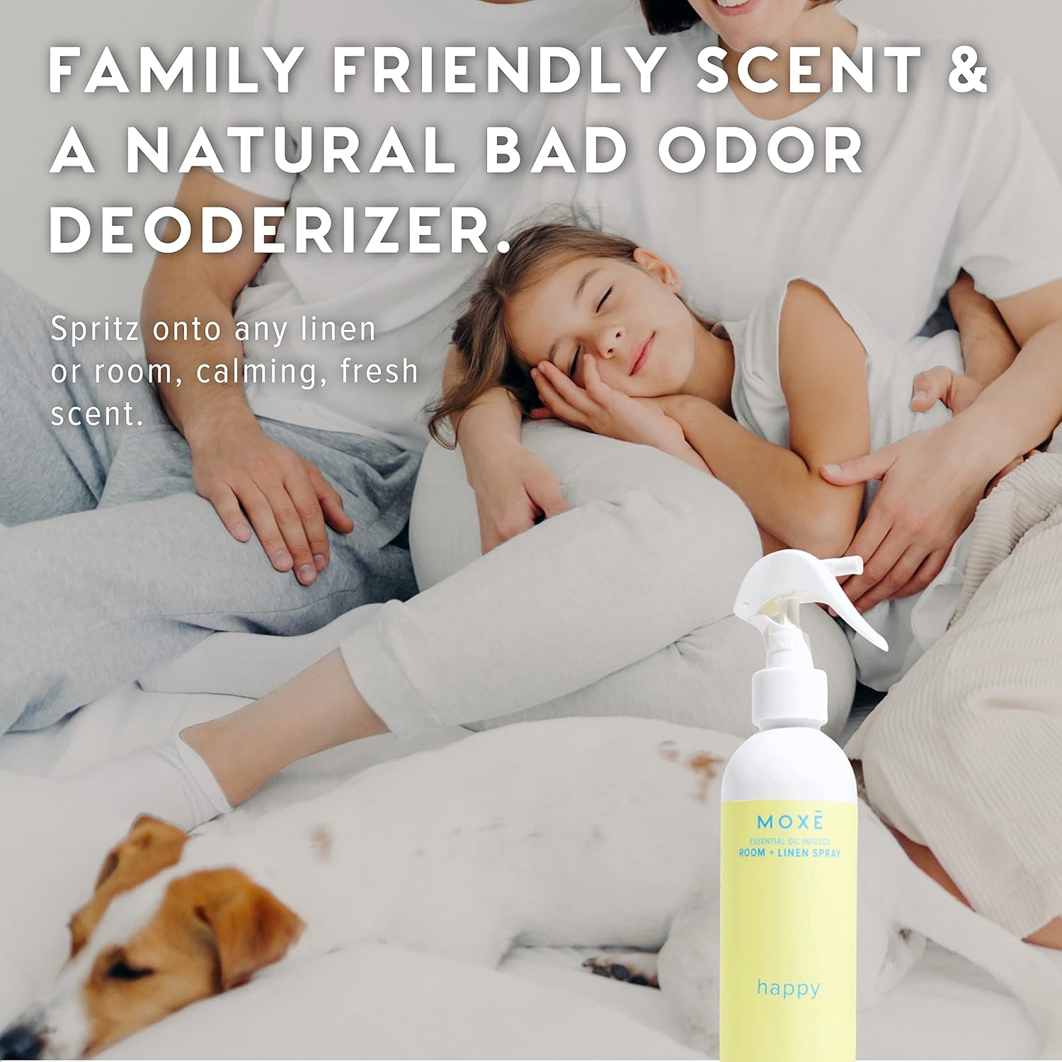MOXĒ Happy Linen & Room Spray, Uplifting Essential Oils, Natural Aromatherapy Mist, Home & Bedroom, Office, Furniture, Bedding, Pillows, Sheets, Cinnamon, Sweet Fennel, Sage, Thyme, 8 Ounces (1 Pack)