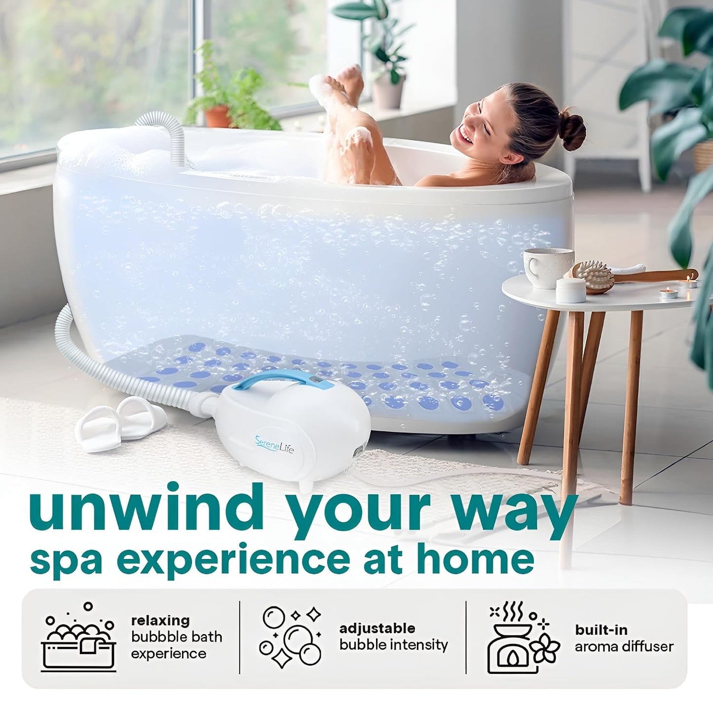 SereneLife Portable Spa Bubble Bath Massager - Waterproof Non-Slip Mat with Suction Cup Bottom, Motorized Air Pump and Adjustable Bubble Settings, Remote Control Included, 47" x 14"
