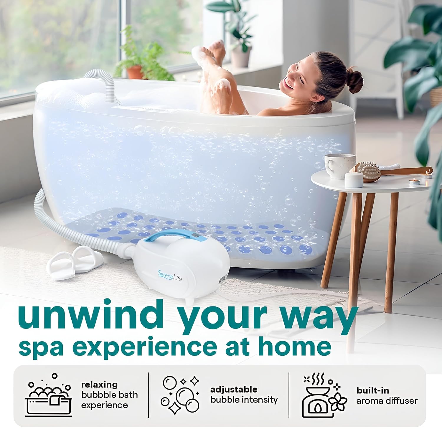 SereneLife Portable Spa Bubble Bath Massager - Waterproof Non-Slip Mat with Suction Cup Bottom, Motorized Air Pump and Adjustable Bubble Settings, Remote Control Included, 47" x 14"
