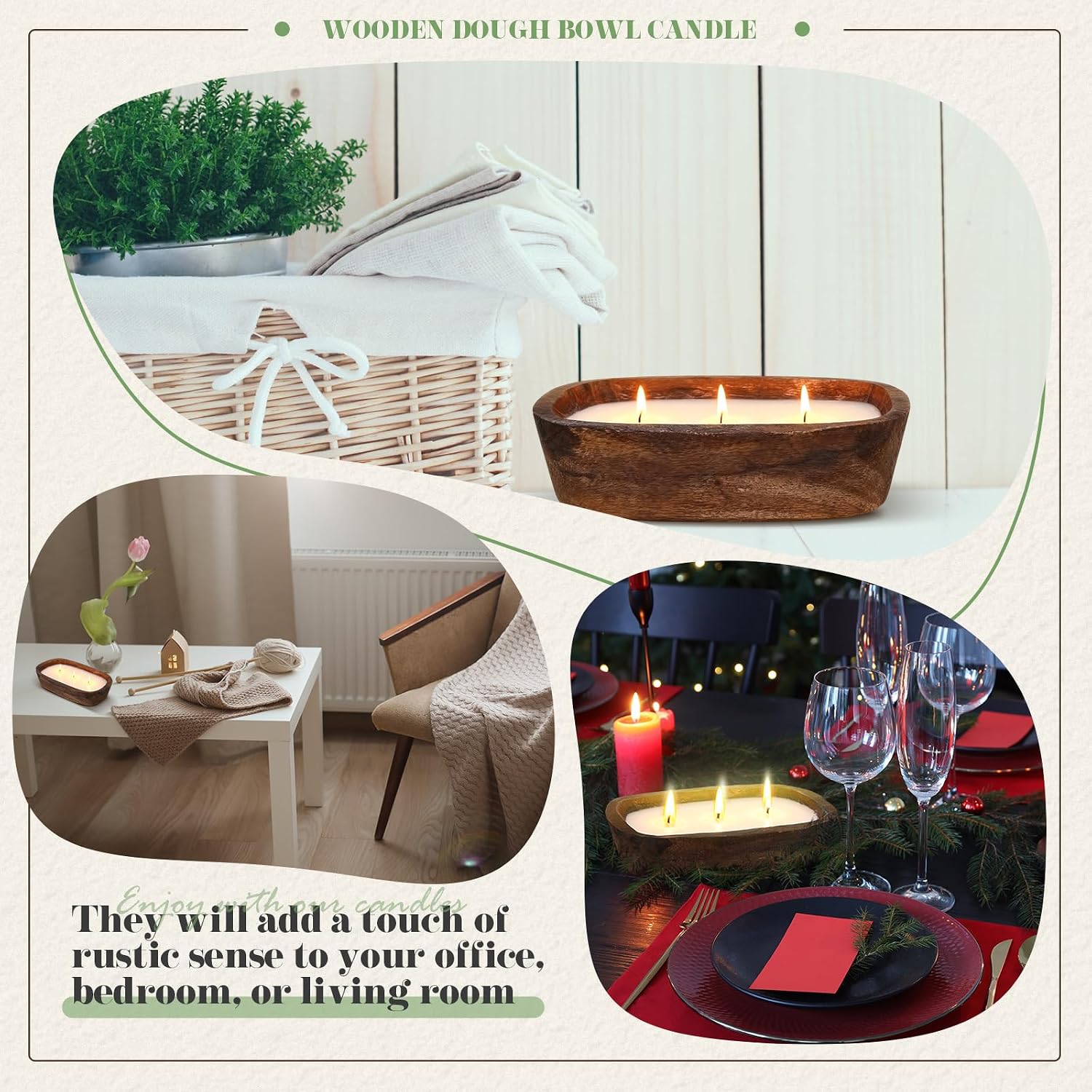 Threlaco 1 Pack 10 Inch Wood Dough Bowl Candles Home Rustic Dough Bowl Soy Candle 3 Wick Scented Candles Gifts for Men Women Farmhouse Table Centerpiece Home Decor for Christmas(Jasmine Gardenia)