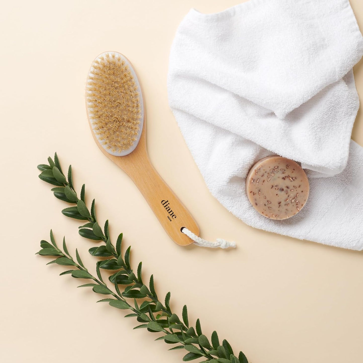 Diane Curved Handle Exfoliate & Glow Dry Skin Brush, 100% Boar Bristle Brush for Body Scrubbing, Lymphatic Massage, Drainage, and Gentle Exfoliation for Radiant Skin, Dry Body Brush for Cellulite