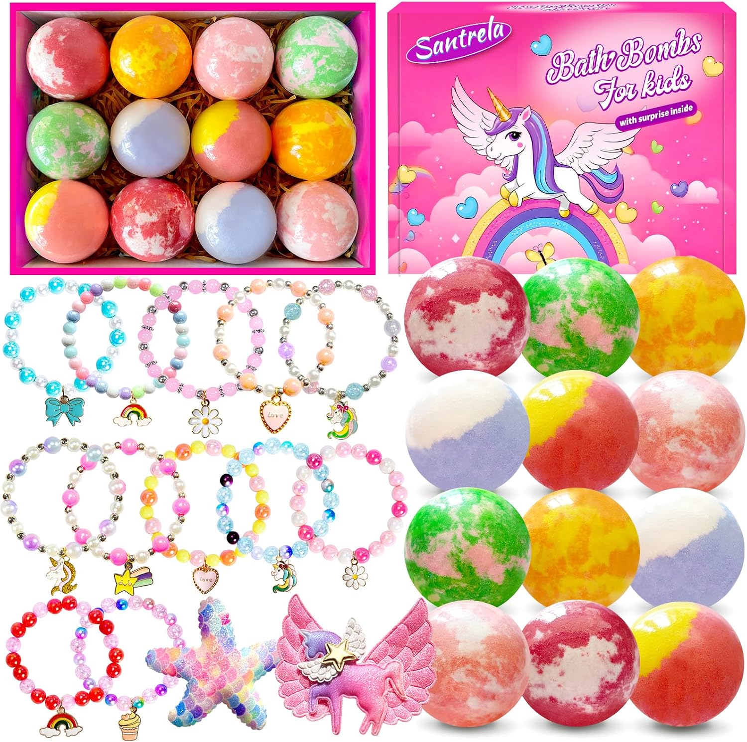 Bath Bombs for Kids Girls with Surprise Toys Inside, Bath Bombs with Jewelry Toys, Birthday Gifts for Girls 4 5 6 7 8 Years Old, Daughter Granddaughter, Handmade Bubble Fizzy Bath Ball with Bracelet