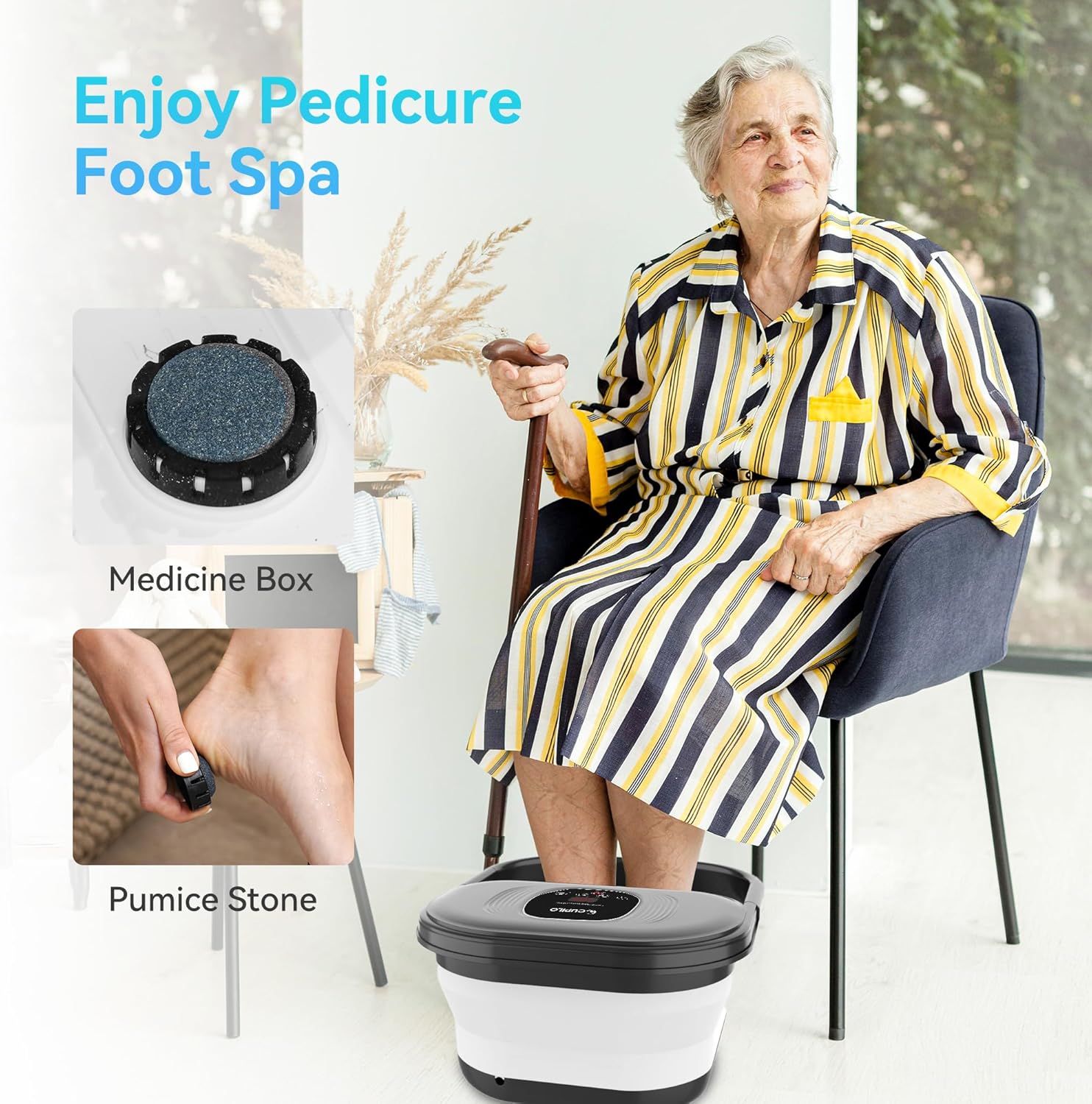 CuPiLo Foot Spa Bath Massager with Heat, Collapsible Foot Massager Spa Soaking Tub with Bubbles, Pumice Stone, and Shiatsu Massage Rollers, Pedicure Foot Spa for Relaxation, Gifts
