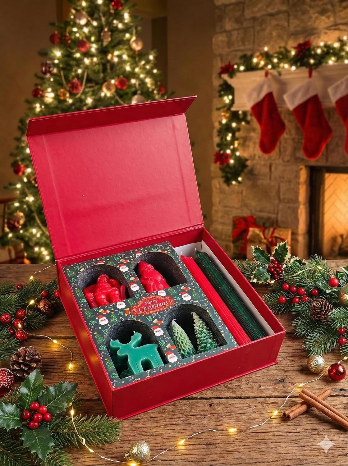 Christmas Candle Gift Set – 9 Highly Scented Festive Candles Including Santa, Trees, Deer, Cake & Ribbed Pillars | Luxury Holiday Gift Box with Surprise Santa Design (Pack of 1)