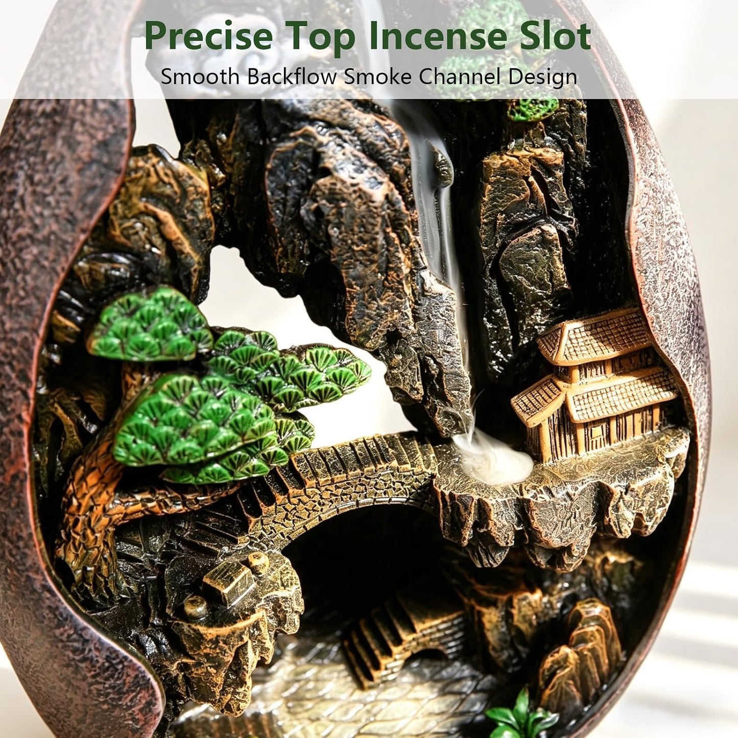 Landscape Backflow Incense Burner Cone Incense Burner Smoke Waterfall Resin Handmade Home Decor Gift Set with 120 Upgraded Cones,30 Incense Sticks,1Tweezer,1Mat