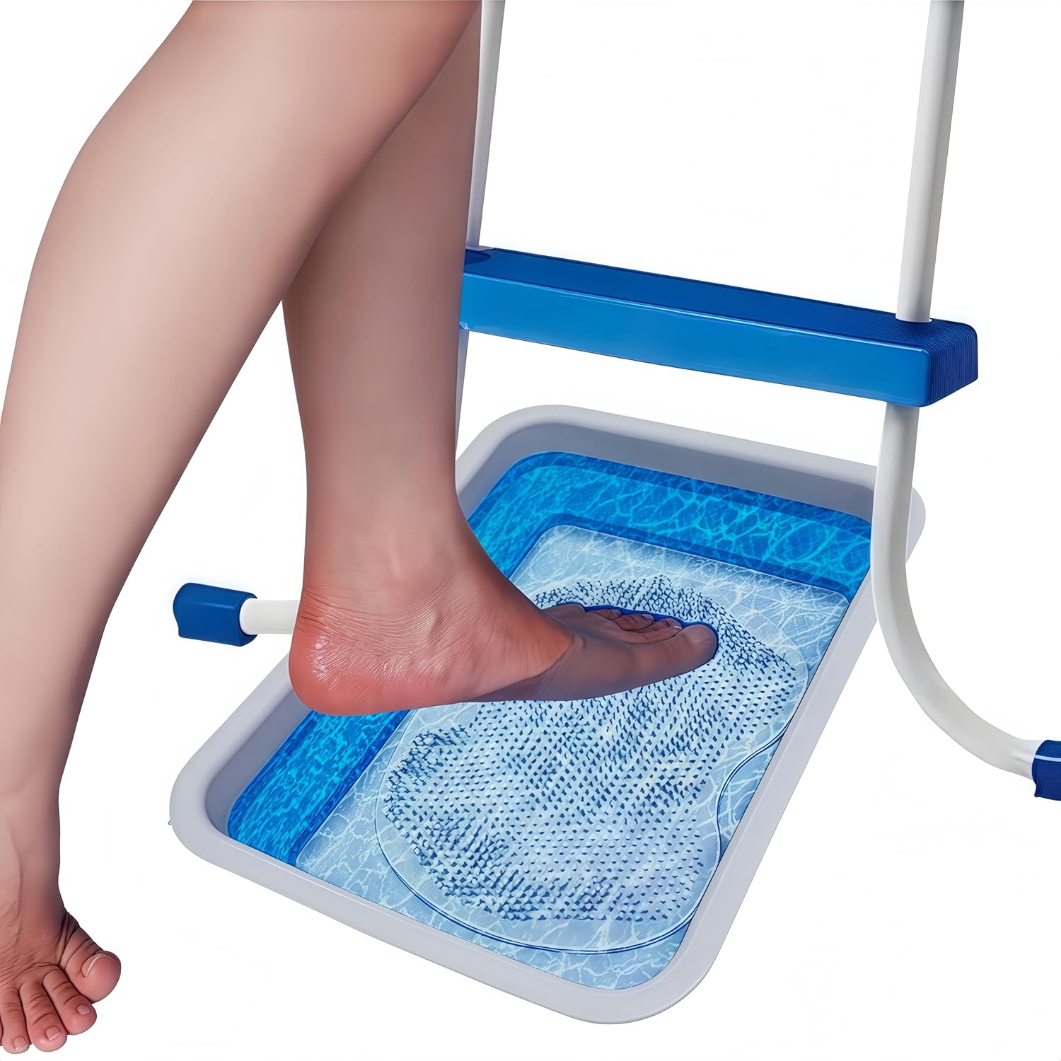 Collapsible Pool Foot Bath Tray, Portable Foot Wash Basin for Swimming Pool Ladder, Non-Slip Foot Rinse Tub for Beach & Hot Tub, Keeps Water Clean (with Blue Pad)