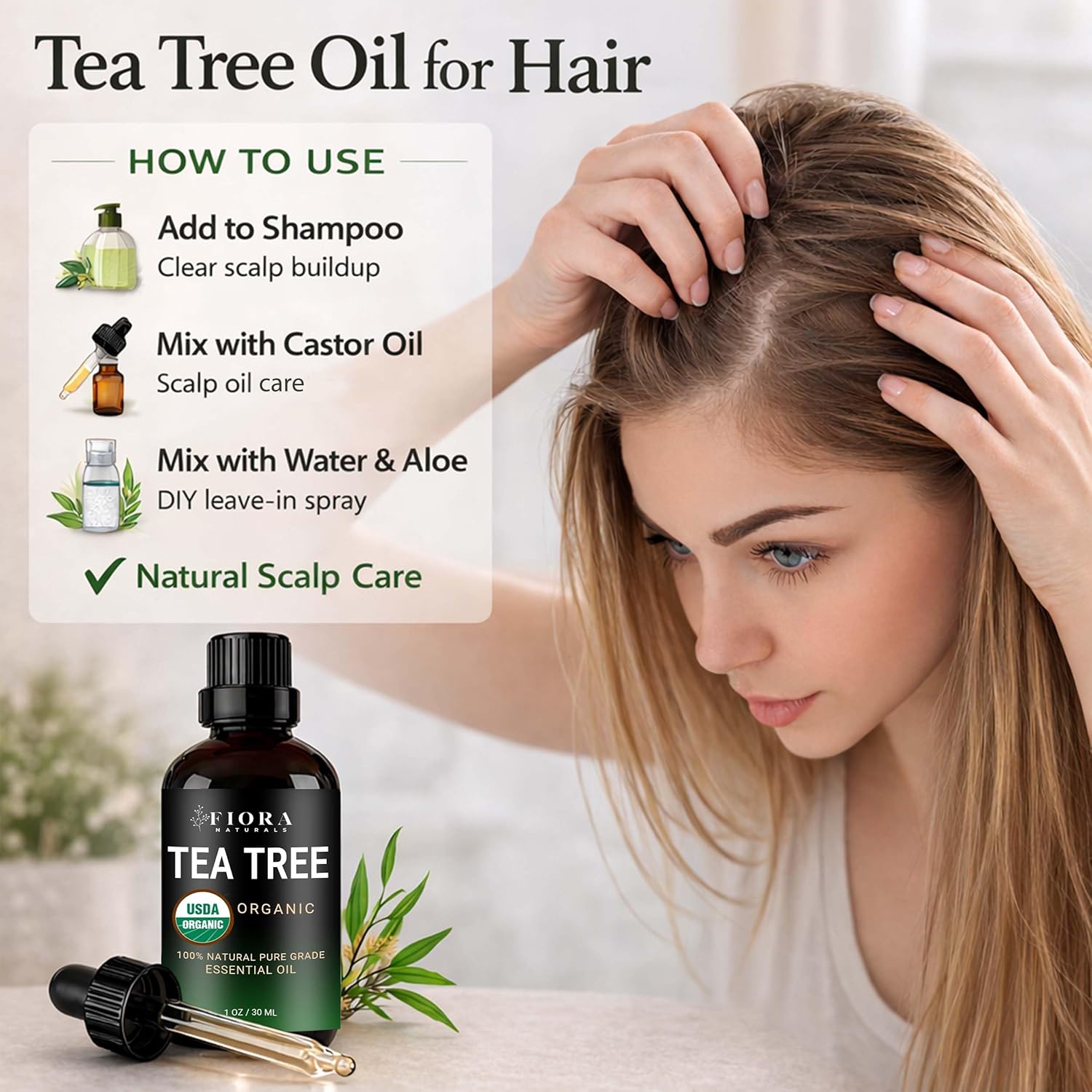 Tea Tree Oil – 100% Pure Organic Tea Tree Essential Oil for Skin, Face, Hair, Scalp, Nails, and Toenail – Therapeutic Grade Tree Tea Oil for Acne & Hair Growth – 1 fl oz - By Fiora Naturals