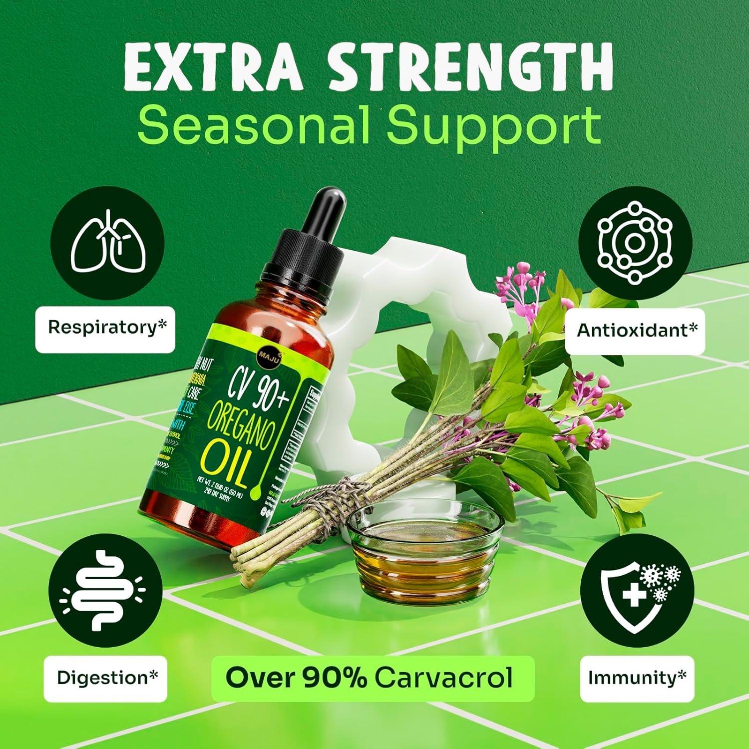 MAJU Oregano Oil Drops - Potent 90%+ Carvacrol (2 fl Oz) Wild Mediterranean Essential Oil of Oregano Liquid, Aceite de Oregano, Immune and Seasonal Support