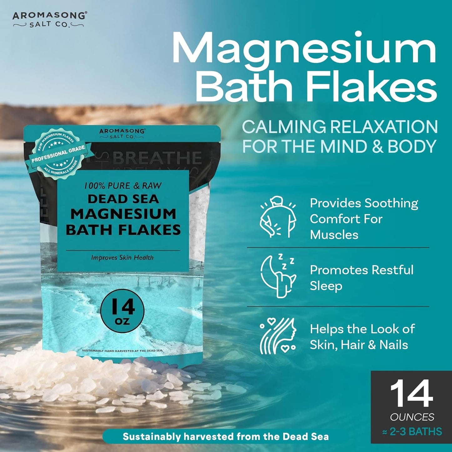 Aromasong Dead Sea Magnesium Flakes for Bath - 16,325 Mg Magnesium Chloride per Bath - Superior Alternative to Epsom Salt - Used as Muscle & Foot Soak - 14 oz Bag