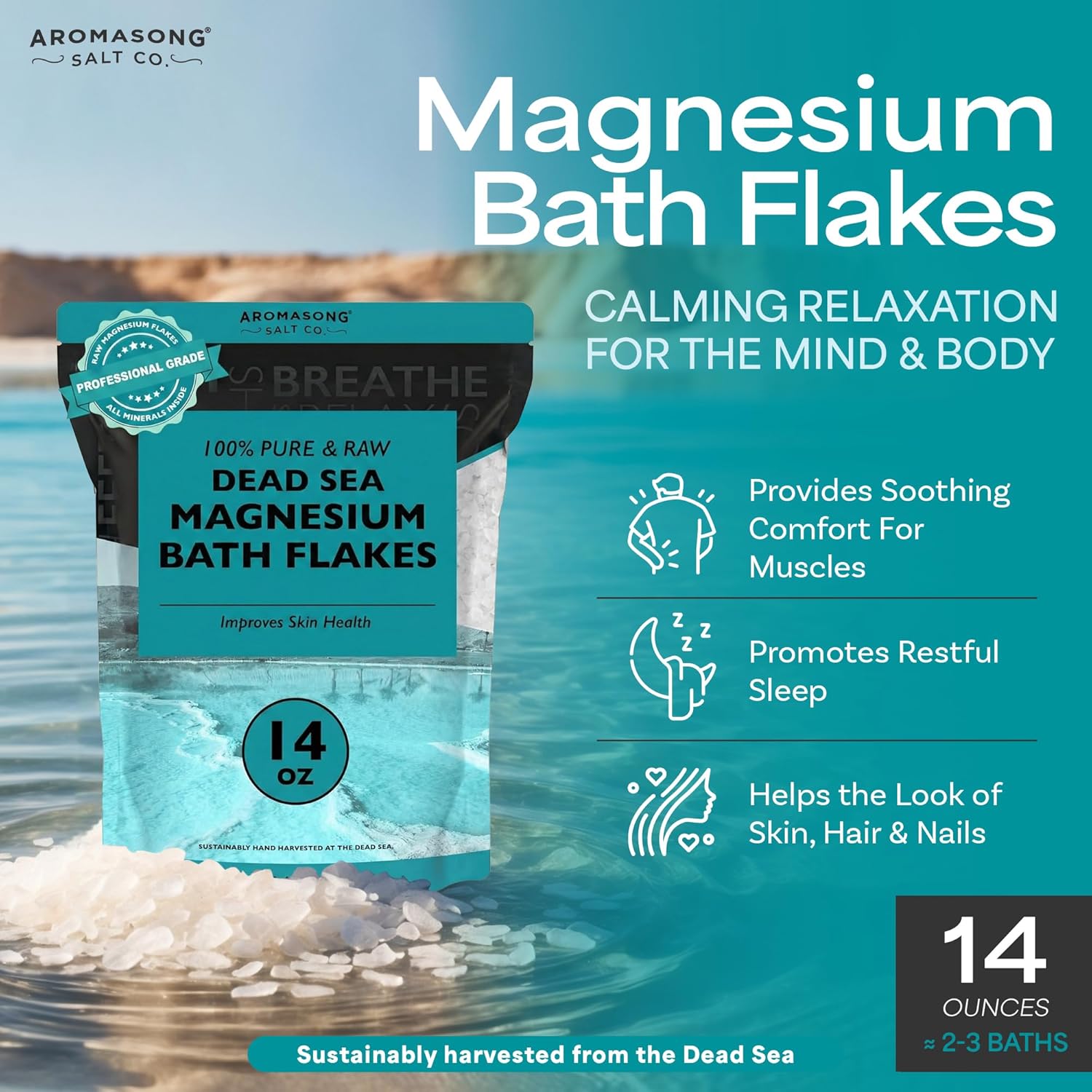 Aromasong Dead Sea Magnesium Flakes for Bath - 16,325 Mg Magnesium Chloride per Bath - Superior Alternative to Epsom Salt - Used as Muscle & Foot Soak - 14 oz Bag