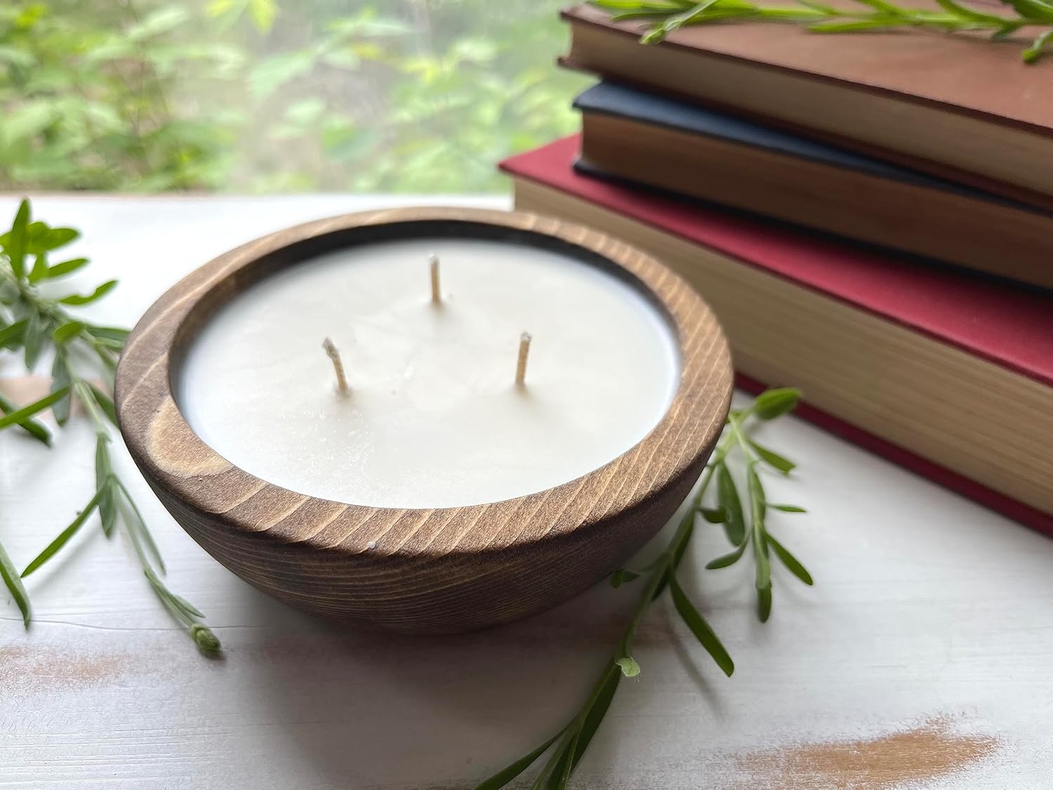 Bonneville Handmade Candles / 5 1/4" x 2" Hand Poured Wood Bowl Candle, 3 Wick/Dough Bowl Candle/Up to 25 Hour Burn Time / 100% Soy Wax/Scented Candle/Rustic/Holiday (Warm Vanilla)