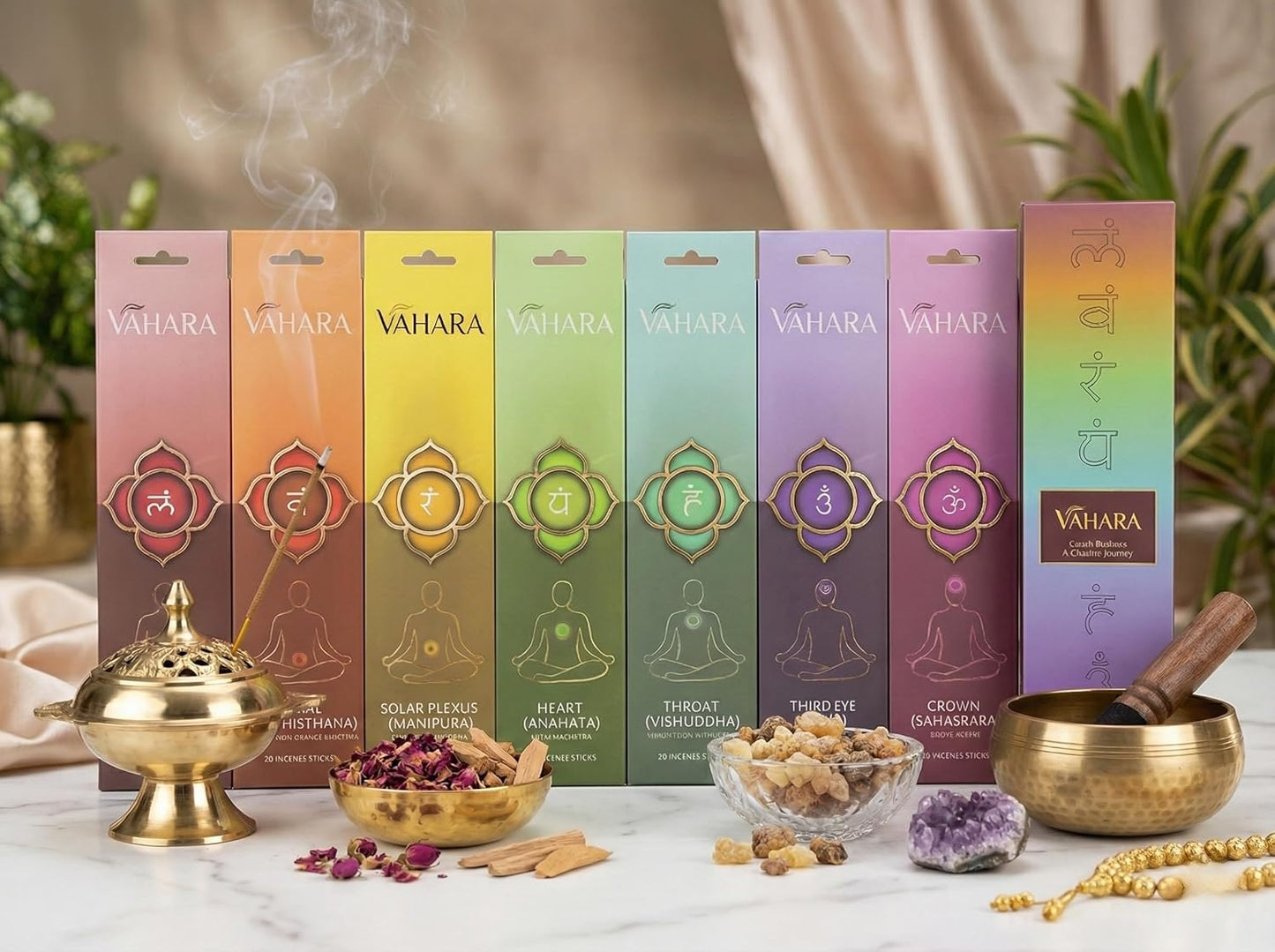 Incense Sticks Variety Pack Natural Masala Incense Sticks, 7 Chakra Sandalwood Incense for Meditation, Yoga & Relaxation Hand Rolled Aromatherapy Vahara Gift Set