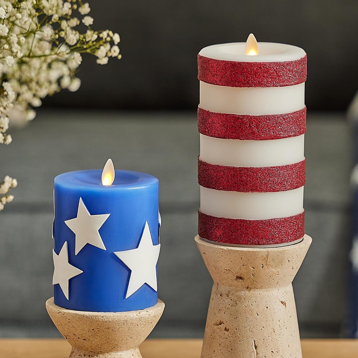 Luminara Flameless LED Stars & Stripes, 2 Patriotic Americana Pillar Candles, Timer, Remote Ready, American Flag Design for July 4th Memorial Day