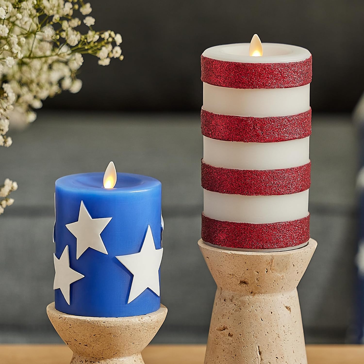 Luminara Flameless LED Stars & Stripes, 2 Patriotic Americana Pillar Candles, Timer, Remote Ready, American Flag Design for July 4th Memorial Day