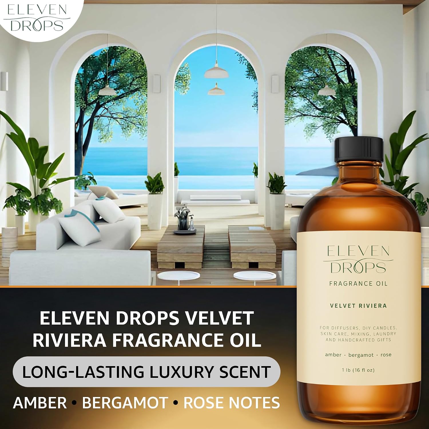 Velvet Riviera Fragrance Oil | Amber, Bergamot & Rose Notes | Long Lasting Scent Reed Diffuser Oil for Home, Office, Hotel, Spa, Car & Linen Spray | Pet Friendly IFRA Compliant, 16 oz