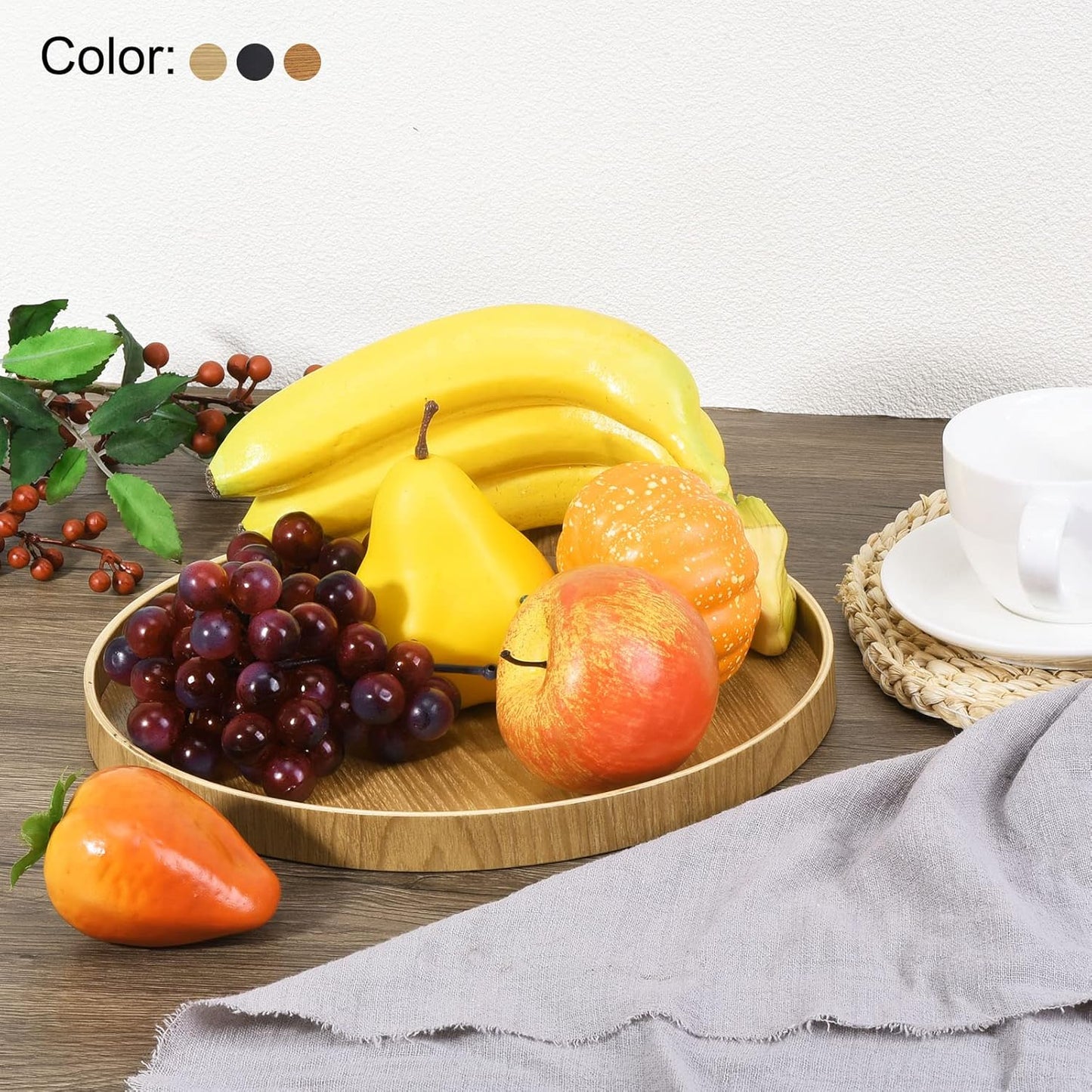 PATIKIL Wood Serving Tray 27cm/10 Inch, Round Decorative Platter for Home Decor Kitchen Table Candle Holder, Black
