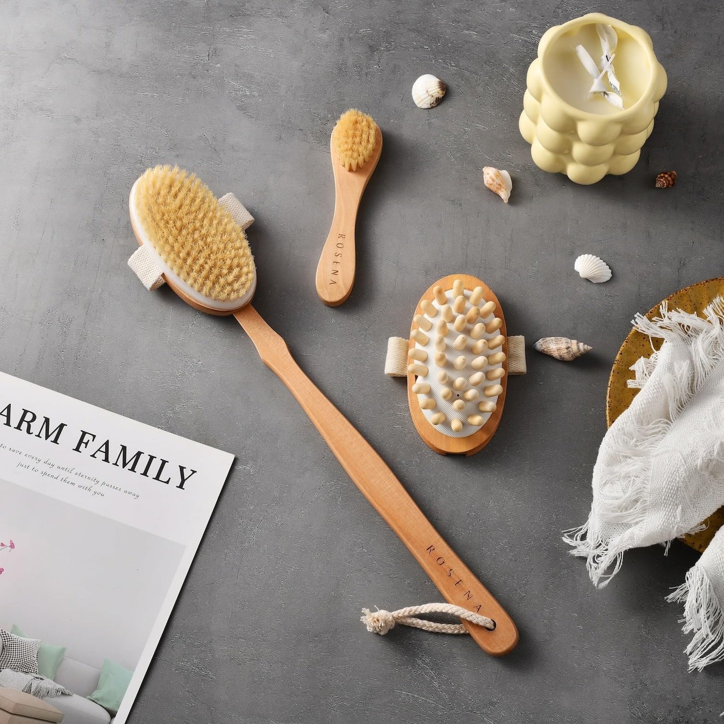 Dry Brushing Body Brush Set – Natural Bristle Spa Exfoliator Kit with Face Cleansing Brush, Long Dry Brushing Body Brush for Lymphatic Drainage & Massaging Cellulite Brush for Smooth, Radiant Skin