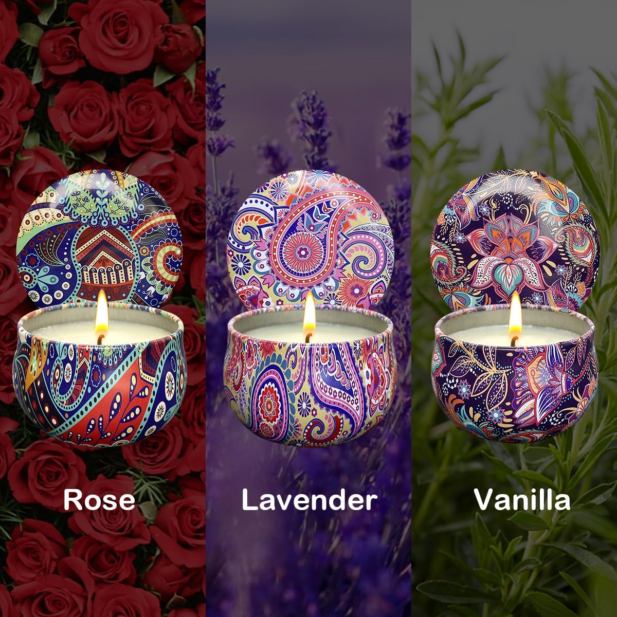 3 Pack Home Scented Candles - Strong Lavender, Vanilla & Rose Candle, 2.5 Oz, 100% Soy, Non-Toxic, Small Candle Set for Aromatherapy & Gifts, Baby Shower Prizes