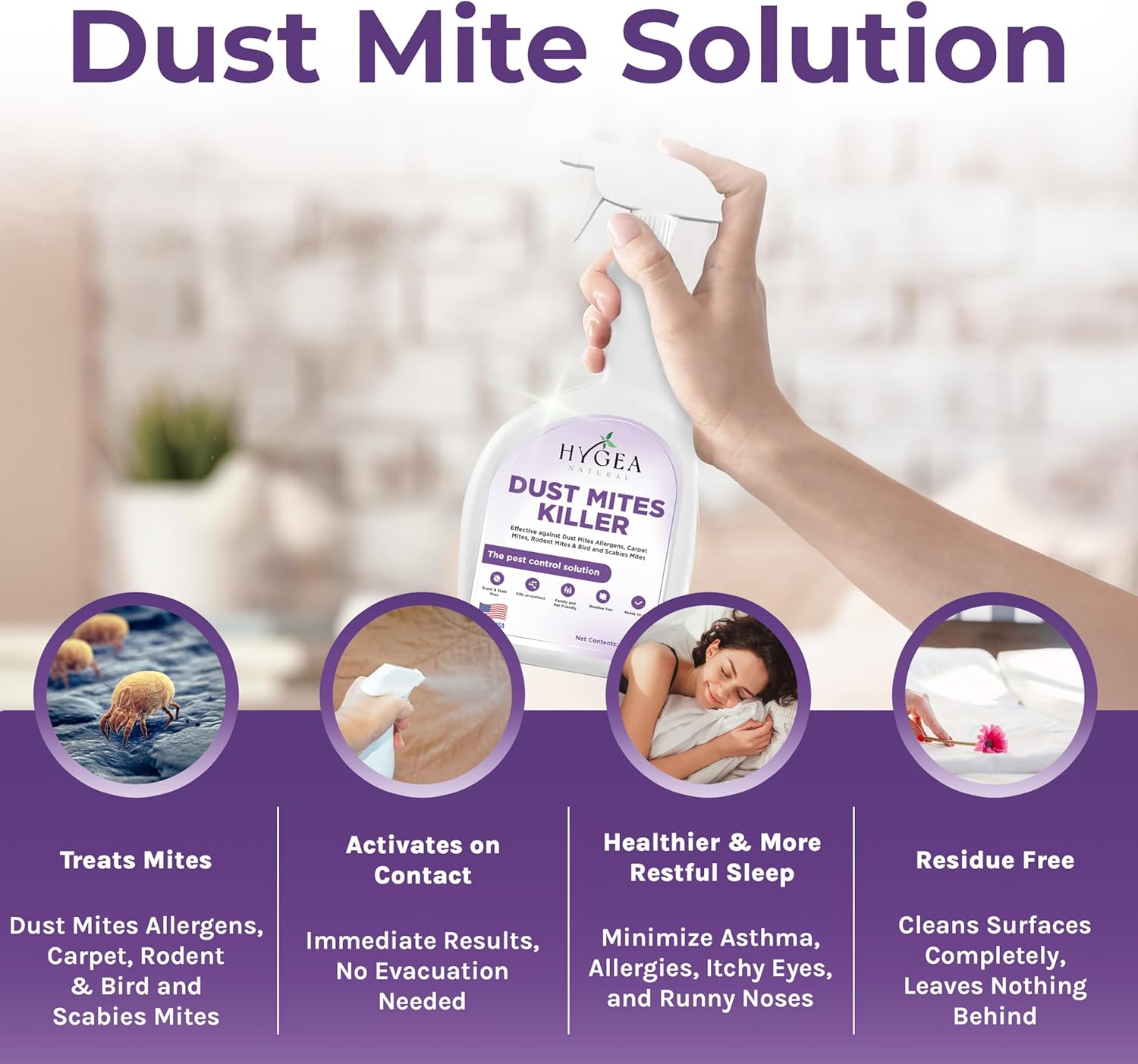 Hygea Natural Dust Mite Killer Spray - Eliminates Dust, Carpet, Rodent, Bird, Mites - Safe for Home, Children, Pets, Bedding & Furniture, 24 oz, Unscented
